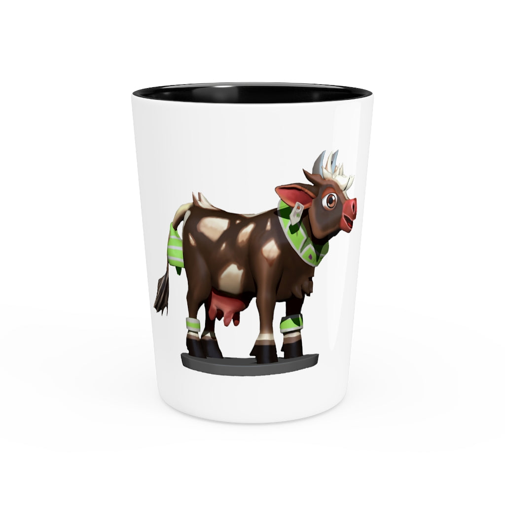 Dark Brown Cow Shot Glass with white ceramic material and a charming cow design, available with white or black interior.