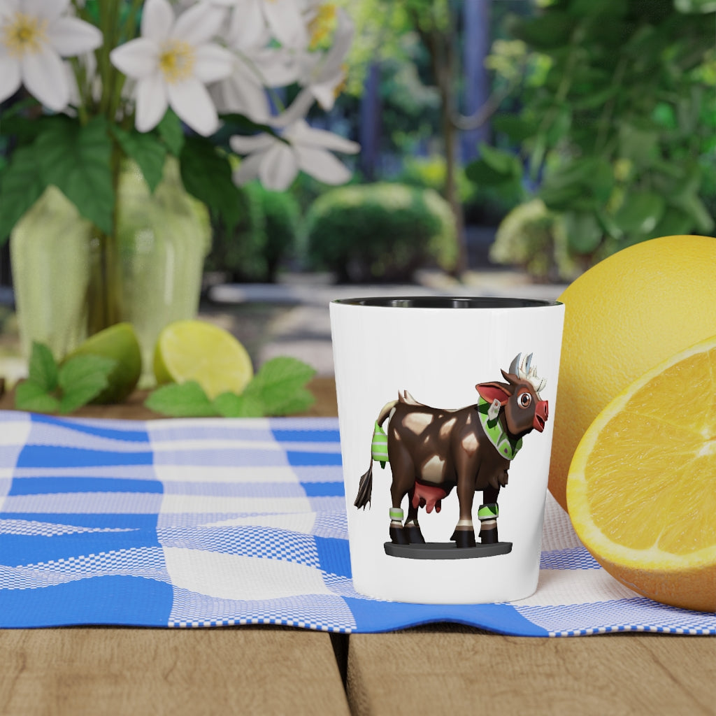 Dark Brown Cow Shot Glass with white ceramic material and a charming cow design, available with white or black interior.