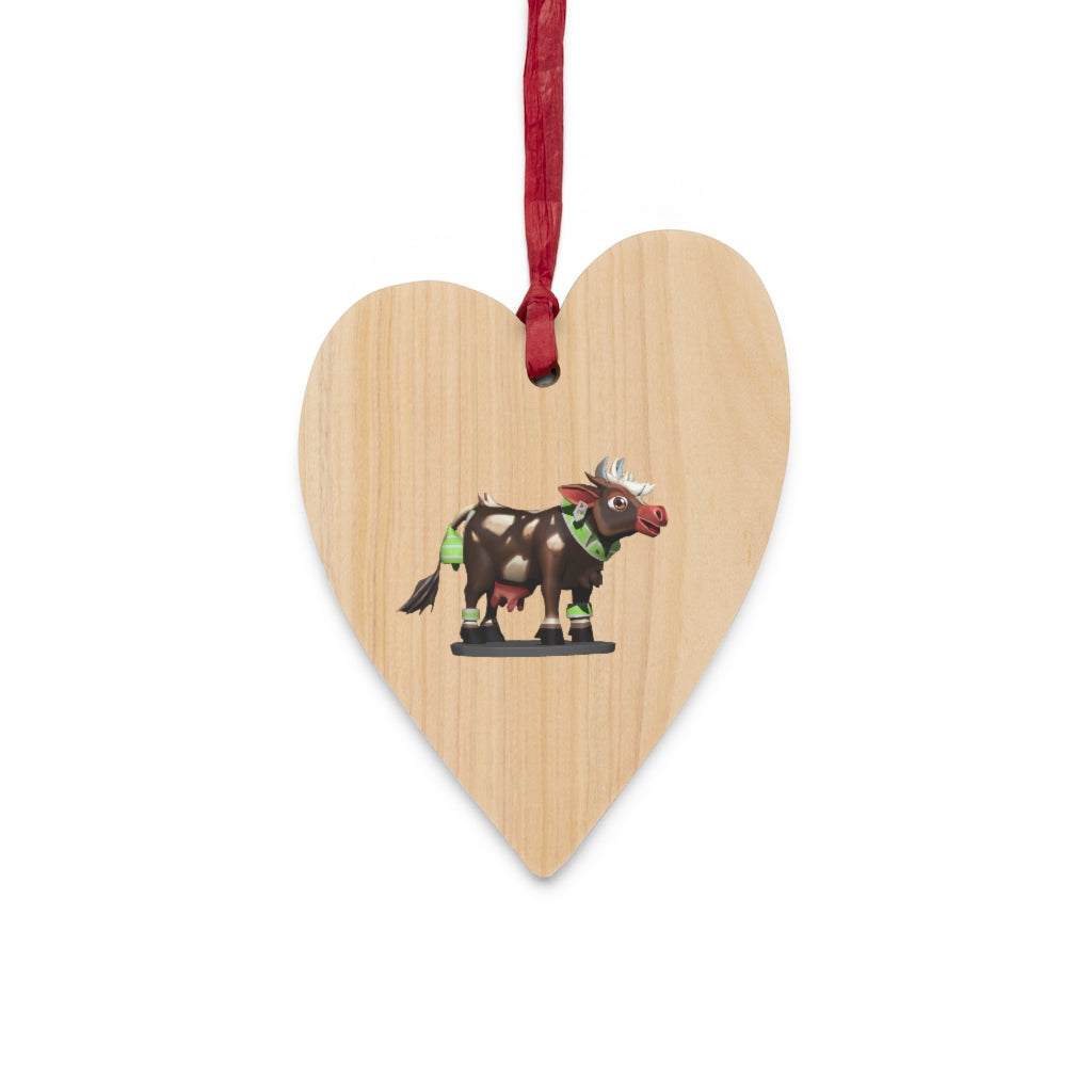 Dark Brown Cow Wooden Christmas Ornaments with red ribbons, showcasing whimsical shapes for festive decoration.