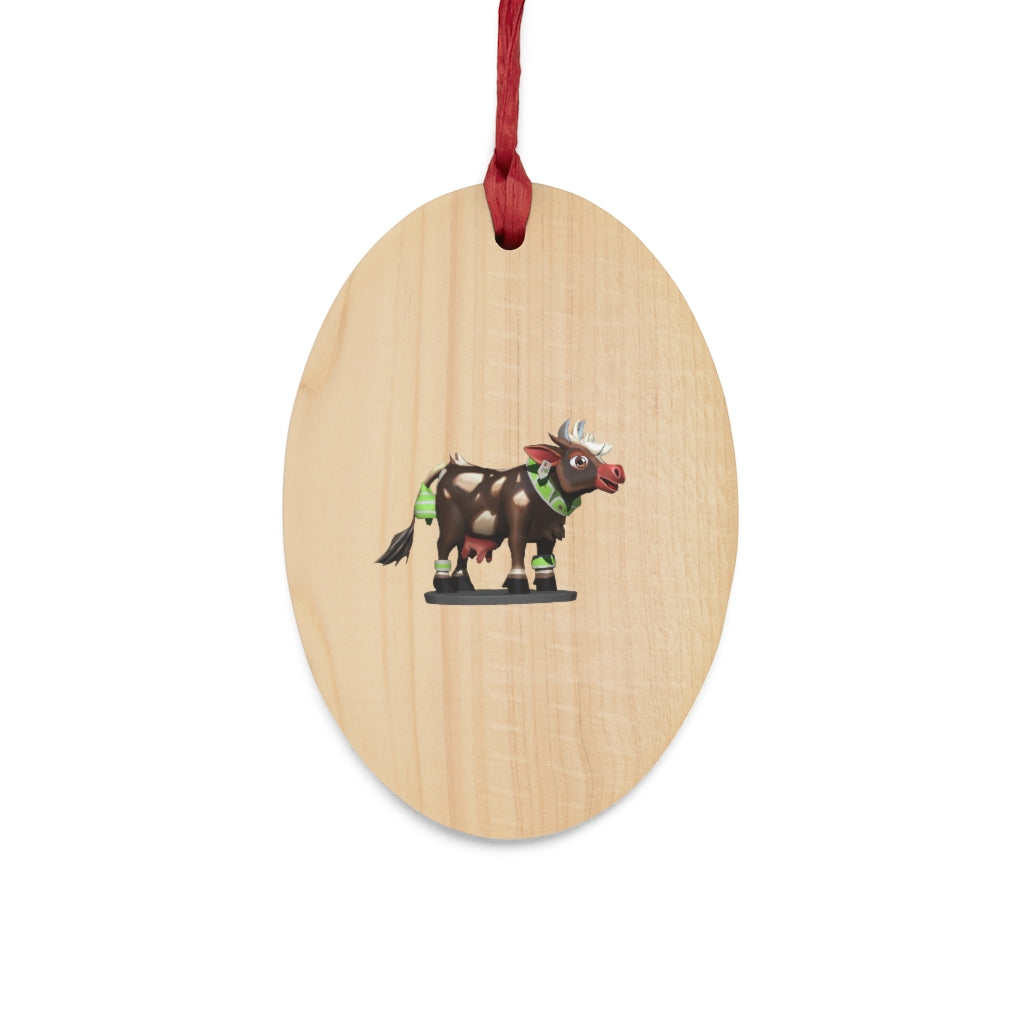 Dark Brown Cow Wooden Christmas Ornaments with red ribbons, showcasing whimsical shapes for festive decoration.