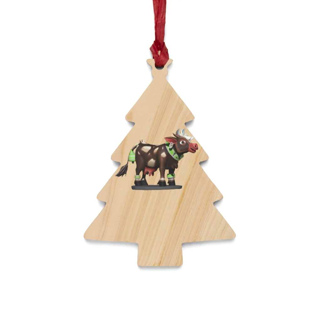 Dark Brown Cow Wooden Christmas Ornaments with red ribbons, showcasing whimsical shapes for festive decoration.