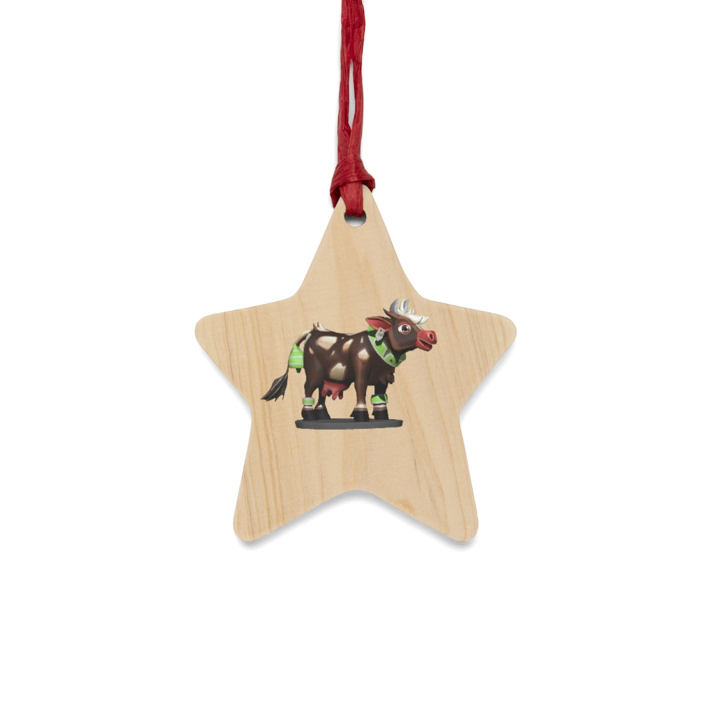 Dark Brown Cow Wooden Christmas Ornaments with red ribbons, showcasing whimsical shapes for festive decoration.