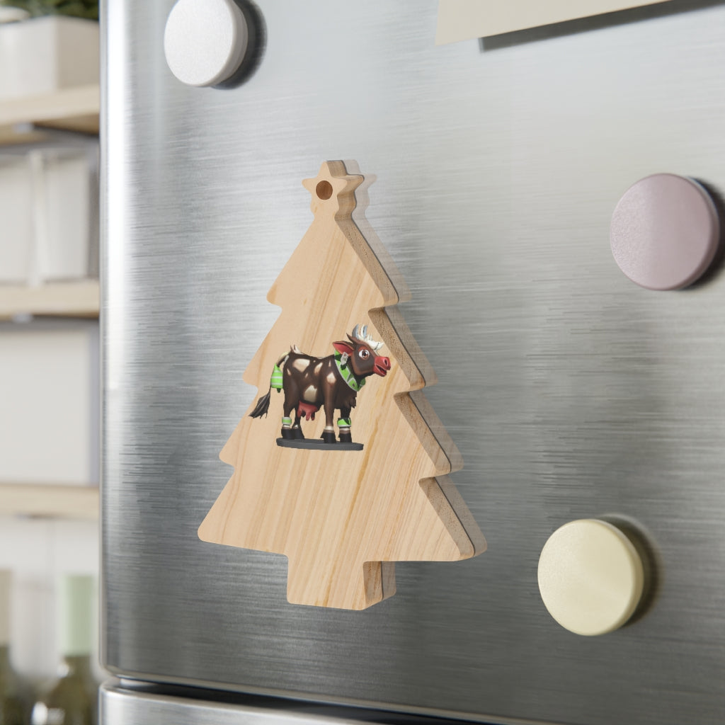 Dark Brown Cow Wooden Christmas Ornaments with red ribbons, showcasing whimsical shapes for festive decoration.