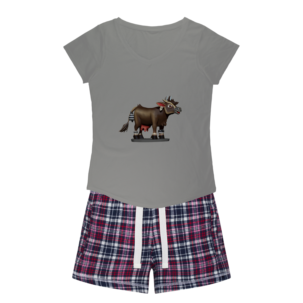 Dark Brown Cow Women's Sleepy Tee and Flannel Short set featuring a relaxed fit T-shirt and colorful flannel shorts, perfect for cozy nights.