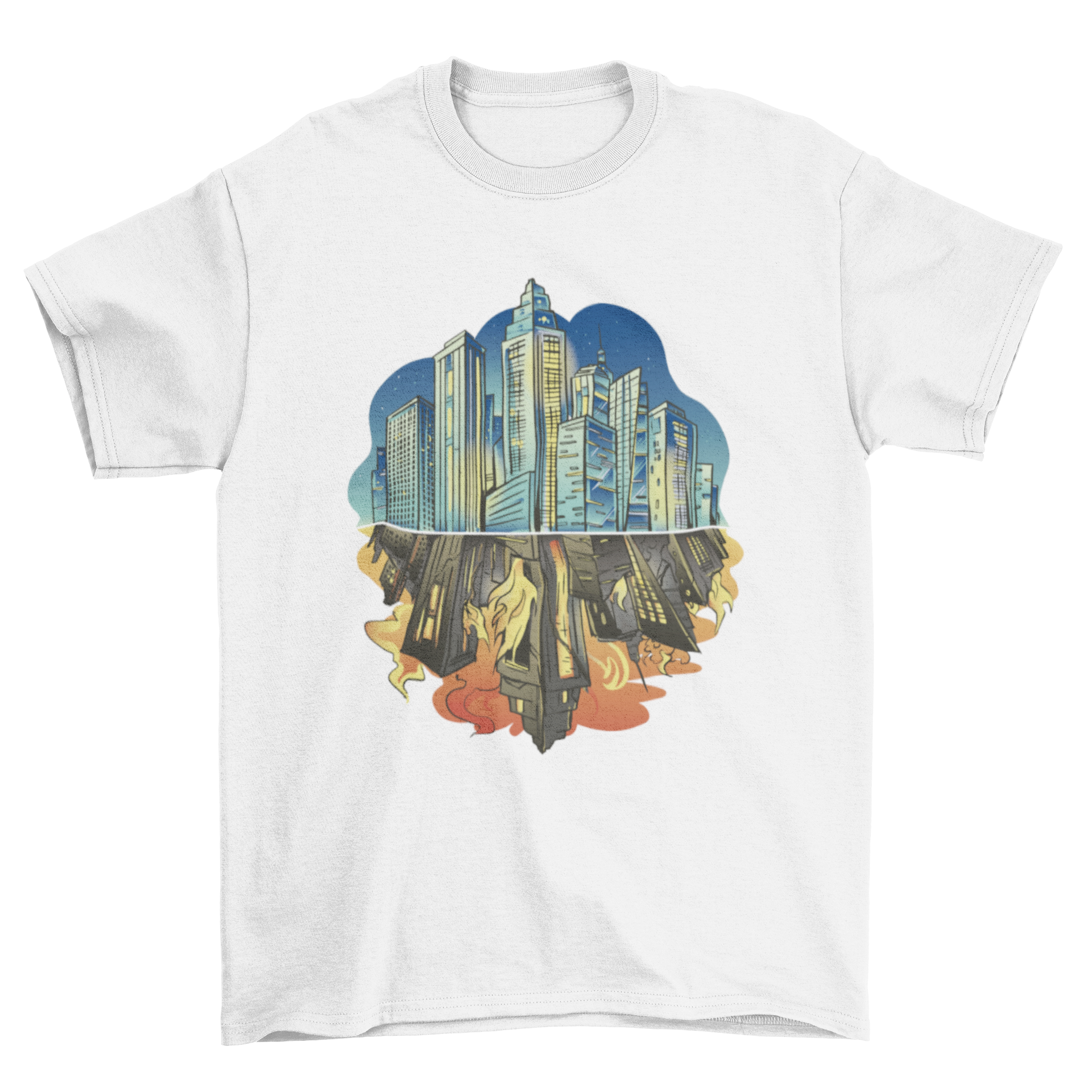 Dark City Reflection T-Shirt featuring a vibrant night city illustration with a fiery reflection.