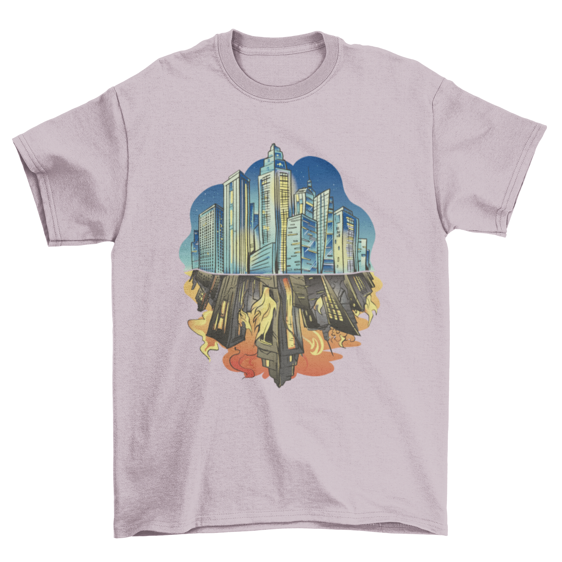 Dark City Reflection T-Shirt featuring a vibrant night city illustration with a fiery reflection.