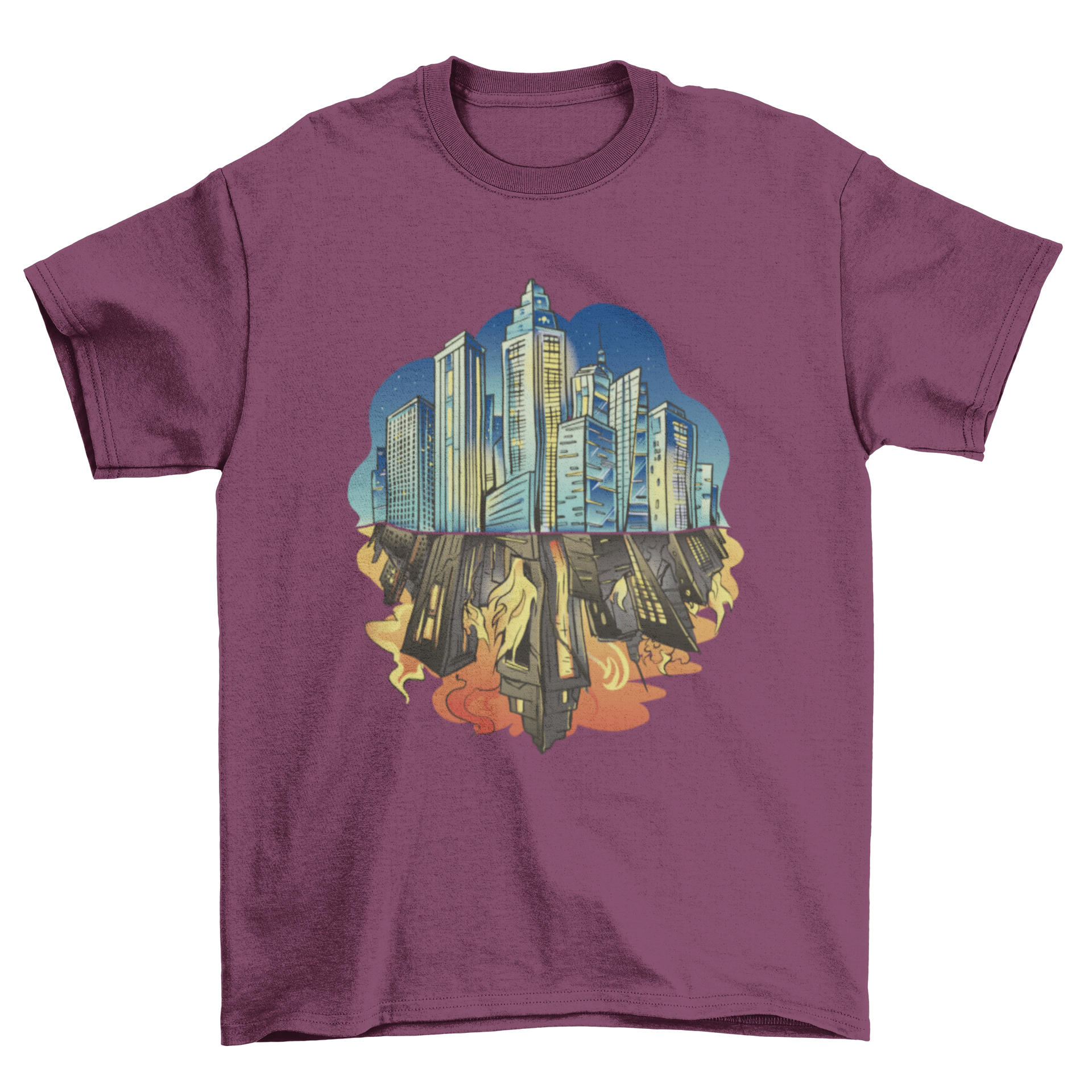 Dark City Reflection T-Shirt featuring a vibrant night city illustration with a fiery reflection.