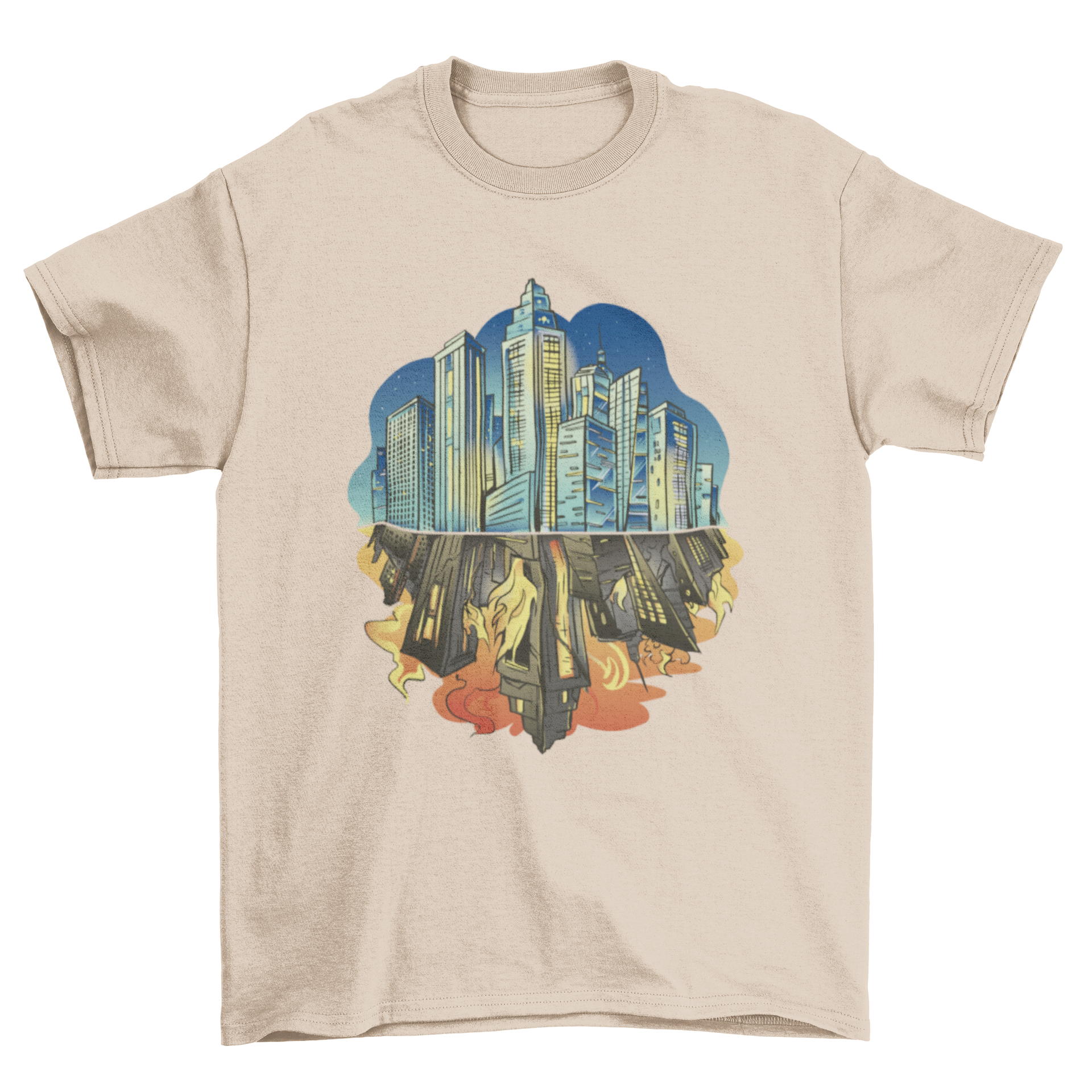 Dark City Reflection T-Shirt featuring a vibrant night city illustration with a fiery reflection.