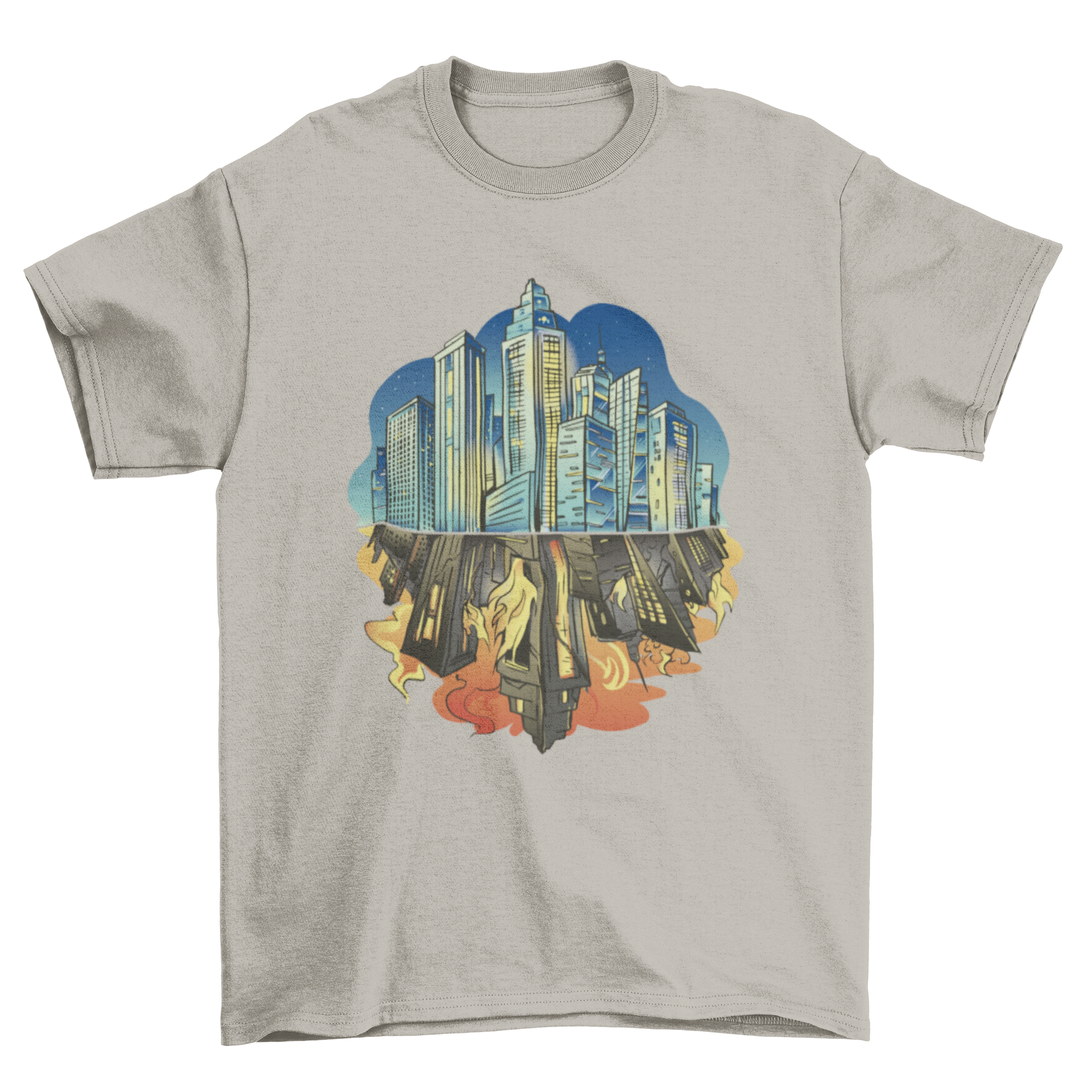 Dark City Reflection T-Shirt featuring a vibrant night city illustration with a fiery reflection.