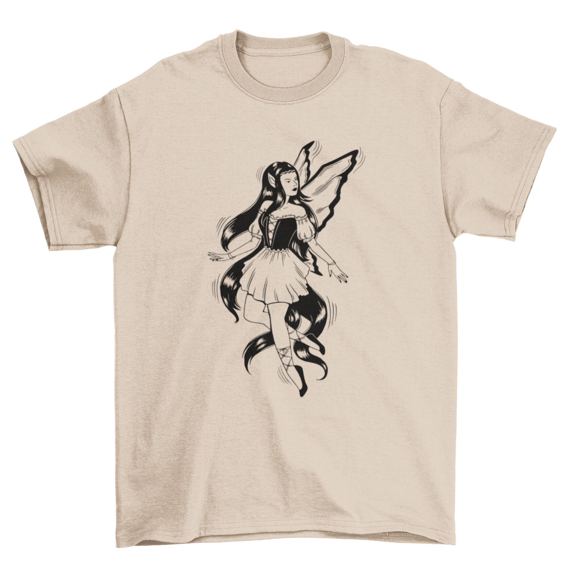 A stylish dark fairy creature graphic t-shirt featuring intricate designs and vibrant colors, perfect for fantasy enthusiasts.