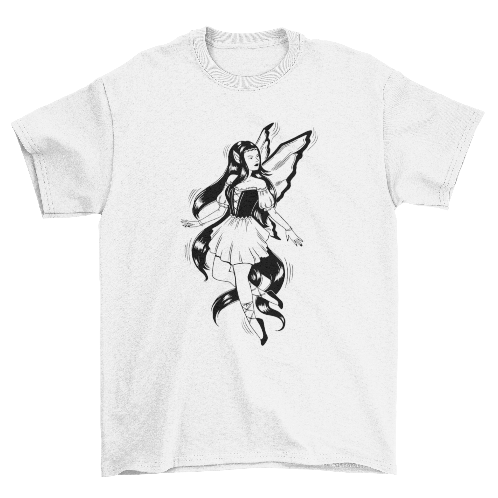 A stylish dark fairy creature graphic t-shirt featuring intricate designs and vibrant colors, perfect for fantasy enthusiasts.