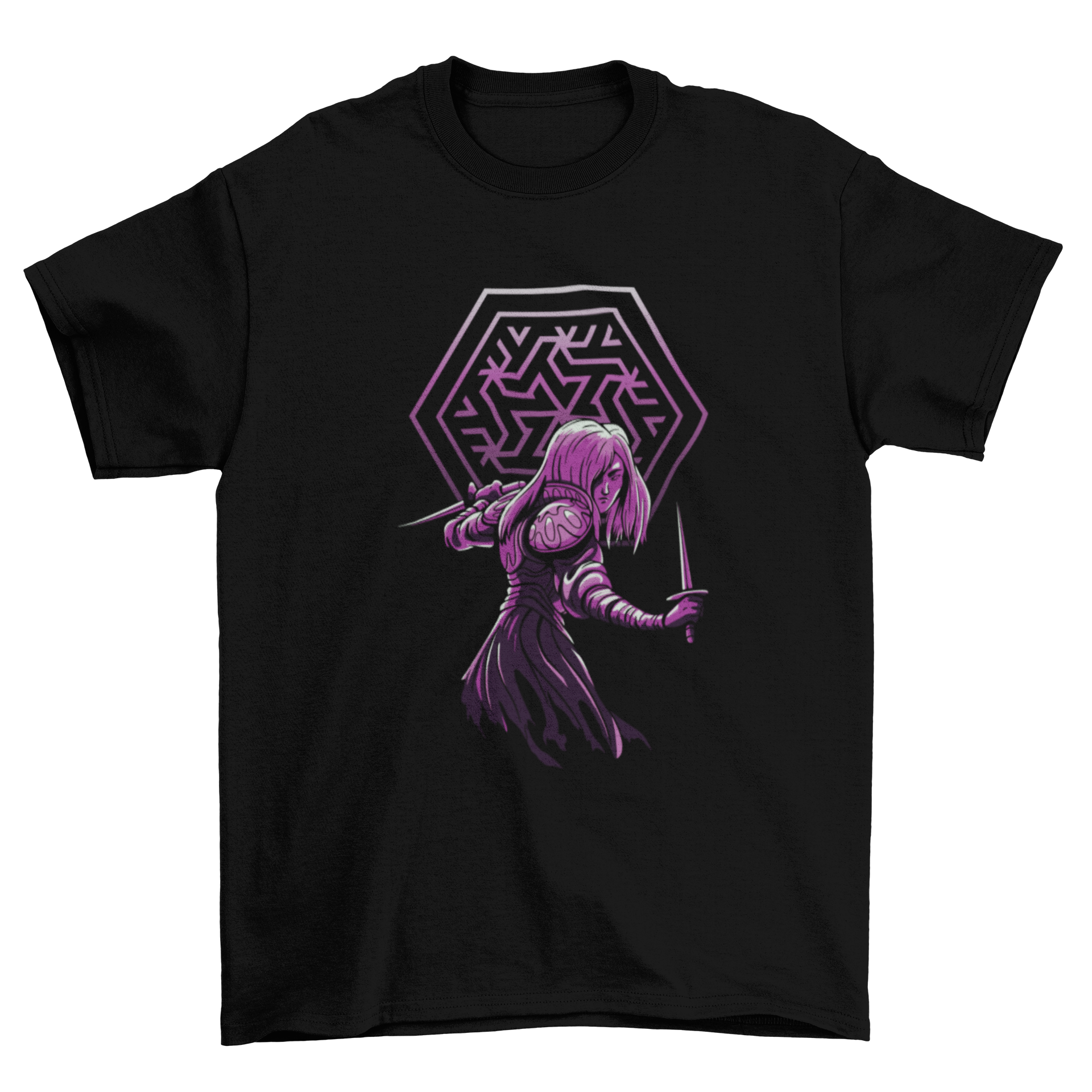 Dark fantasy rogue t-shirt featuring a detailed graphic of a rogue woman, showcasing her adventurous spirit.