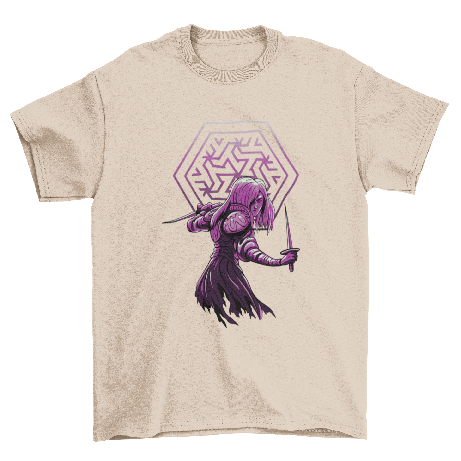 Dark fantasy rogue t-shirt featuring a detailed graphic of a rogue woman, showcasing her adventurous spirit.