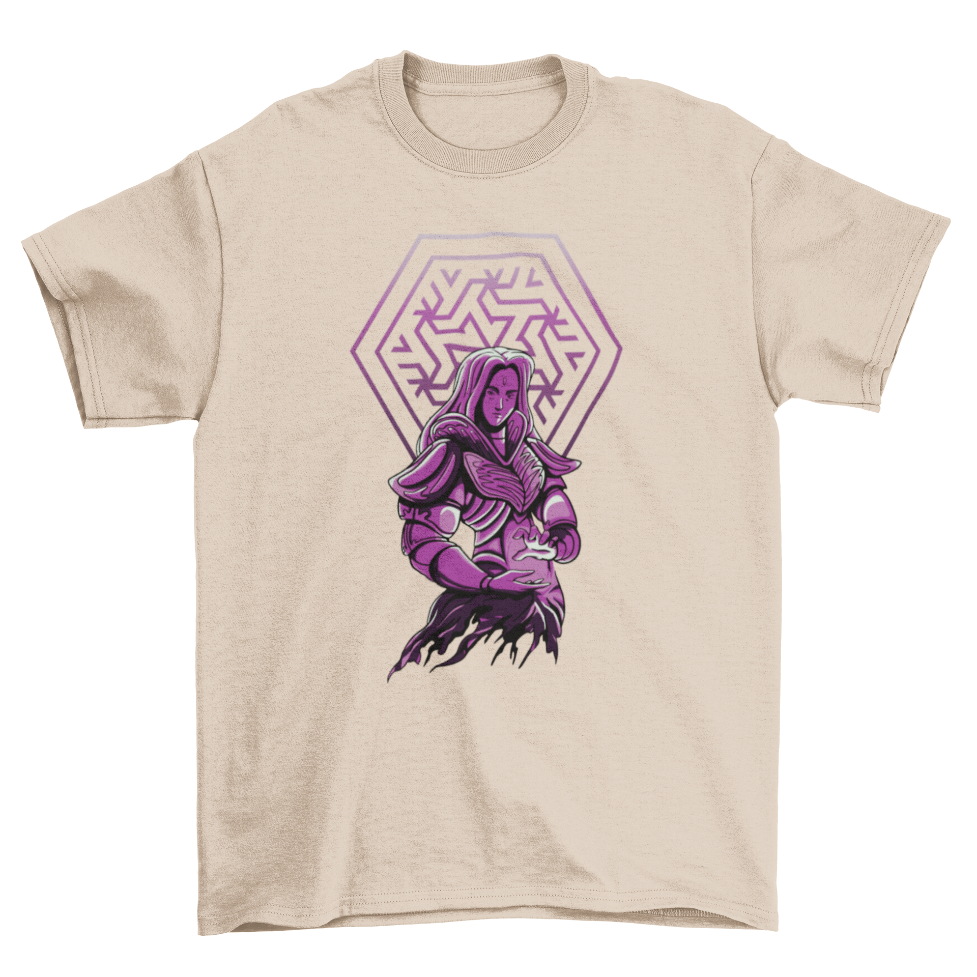 A stylish dark fantasy t-shirt featuring a beautifully illustrated sorceress in a mystical setting.