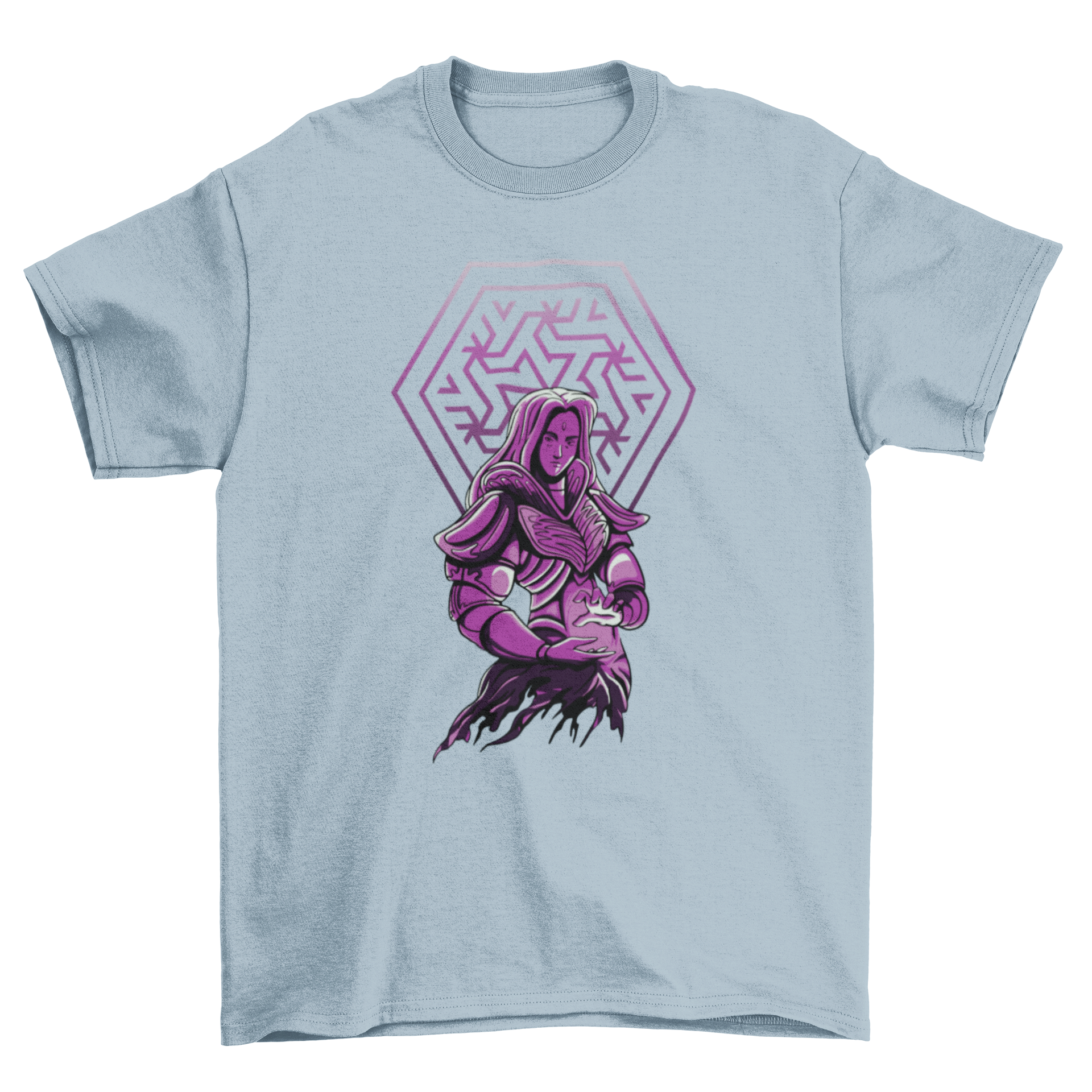 A stylish dark fantasy t-shirt featuring a beautifully illustrated sorceress in a mystical setting.