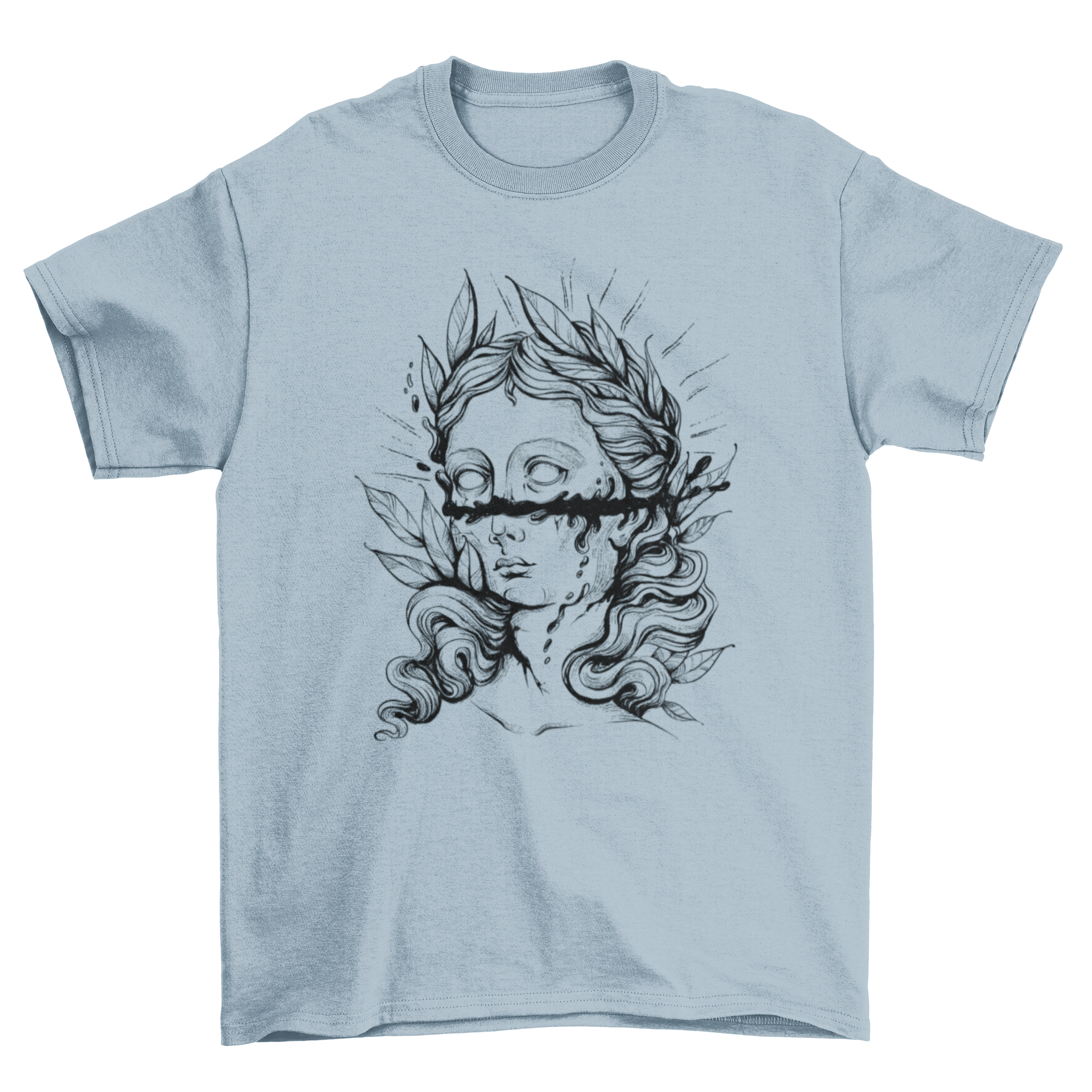 Dark Greek Statue T-Shirt featuring a goddess design with a cut on her face, showcasing artistic and mythological elements.