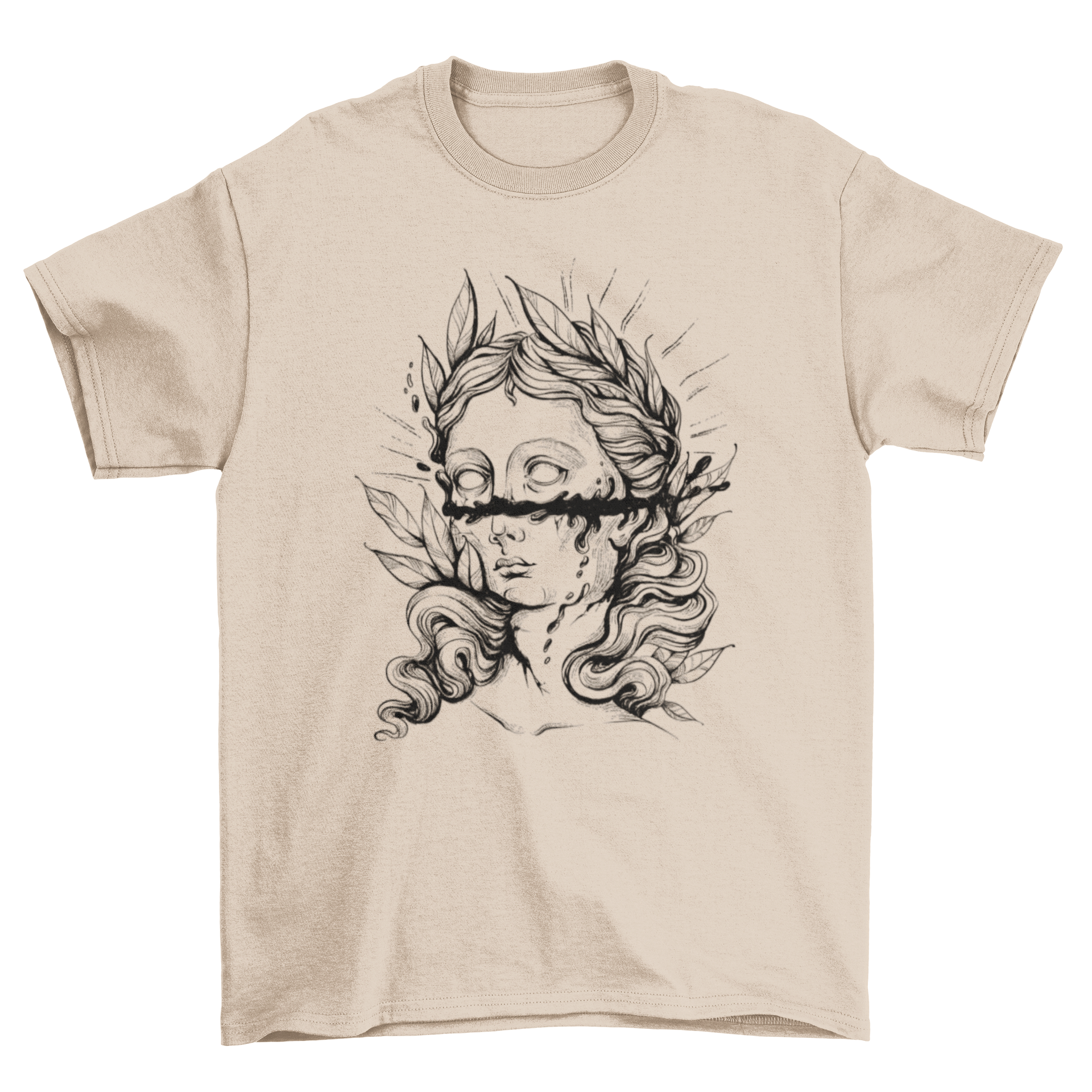 Dark Greek Statue T-Shirt featuring a goddess design with a cut on her face, showcasing artistic and mythological elements.