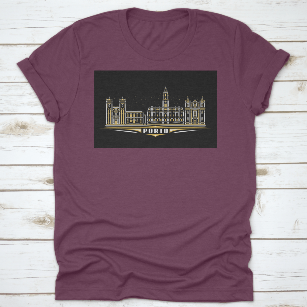 Dark T-shirt featuring a linear design of Porto cityscape, showcasing iconic buildings and skyline.