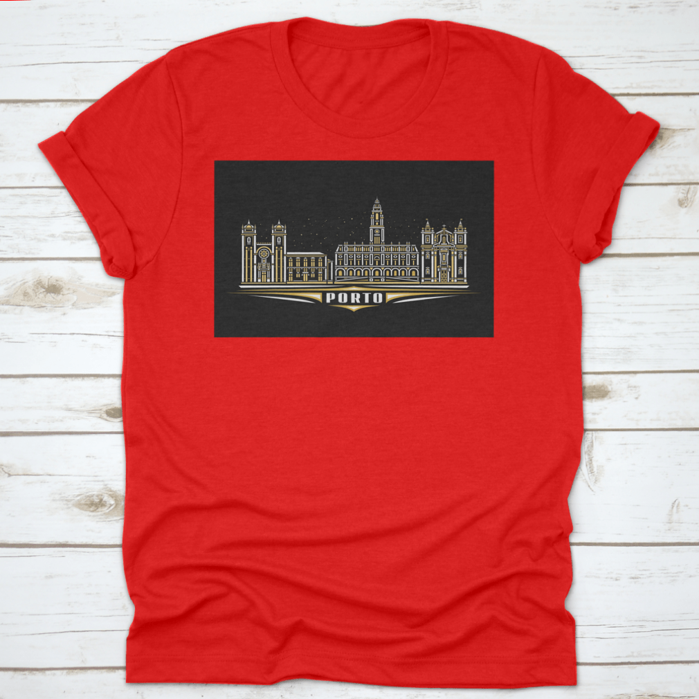 Dark T-shirt featuring a linear design of Porto cityscape, showcasing iconic buildings and skyline.