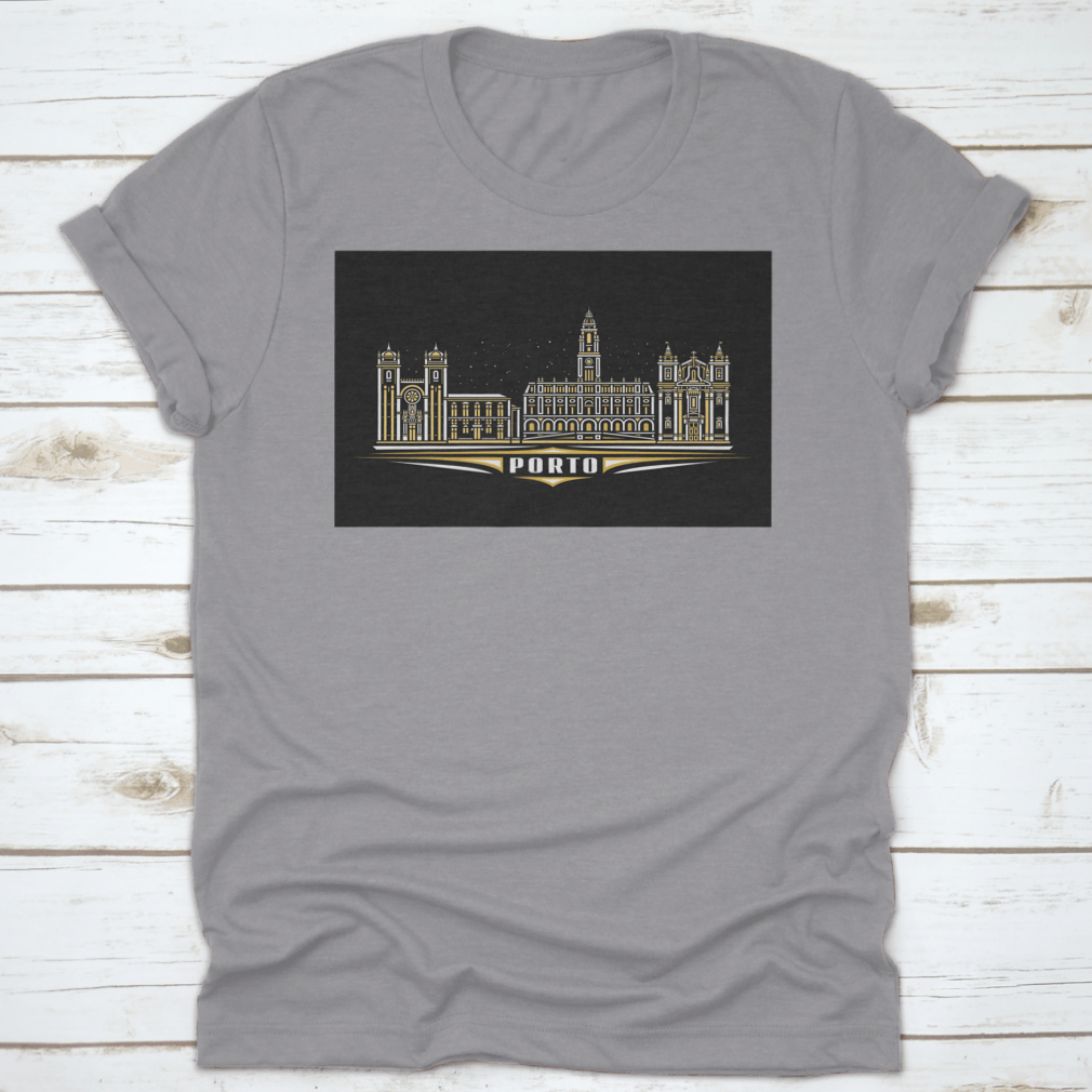 Dark T-shirt featuring a linear design of Porto cityscape, showcasing iconic buildings and skyline.