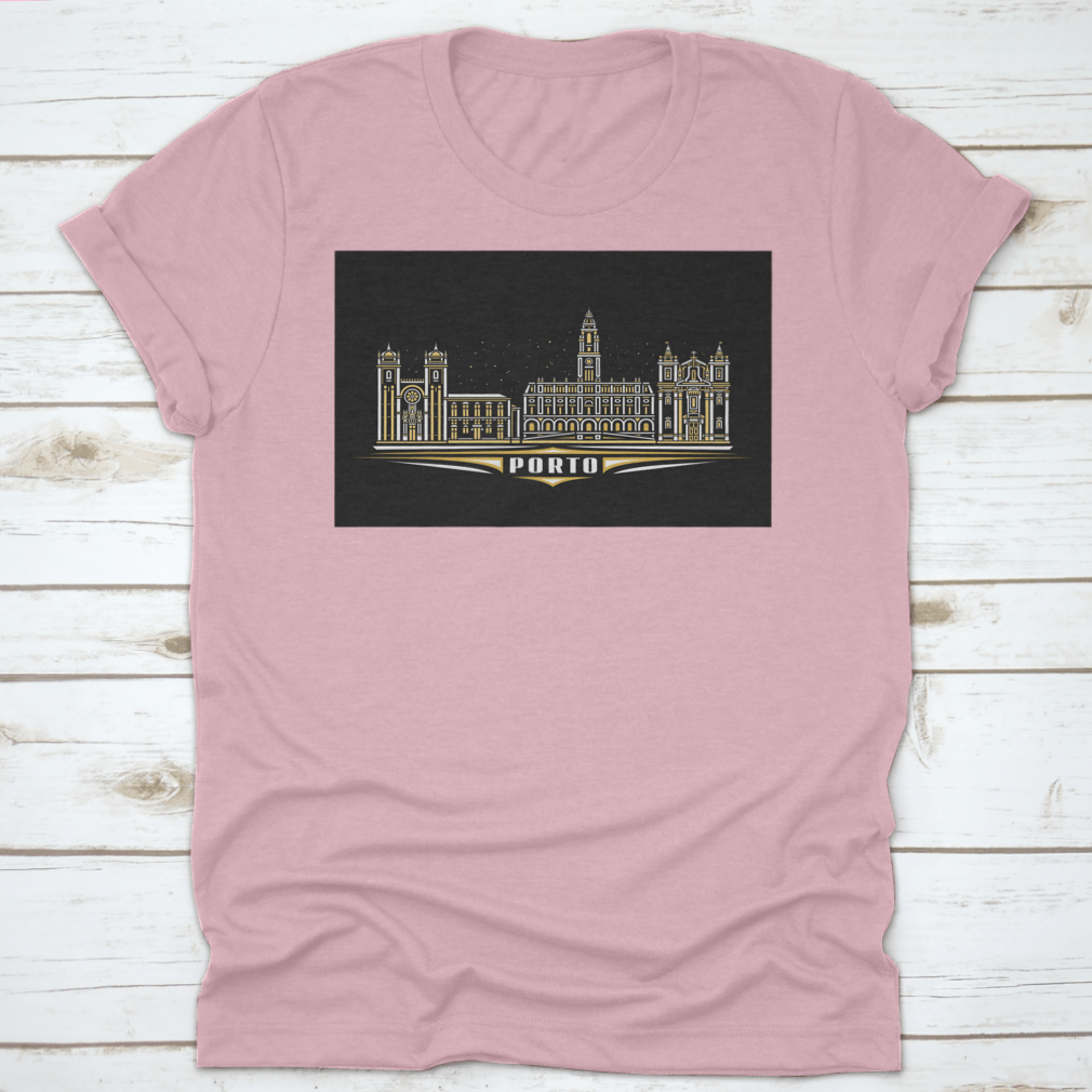 Dark T-shirt featuring a linear design of Porto cityscape, showcasing iconic buildings and skyline.