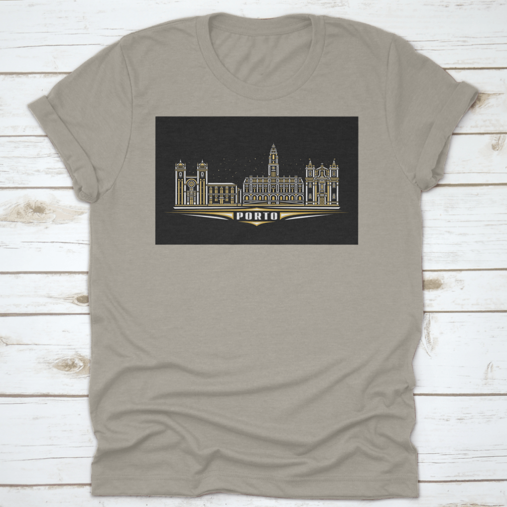 Dark T-shirt featuring a linear design of Porto cityscape, showcasing iconic buildings and skyline.