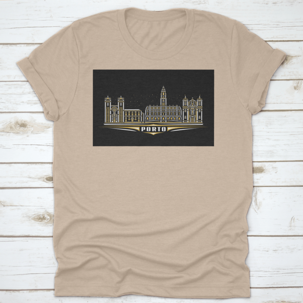 Dark T-shirt featuring a linear design of Porto cityscape, showcasing iconic buildings and skyline.