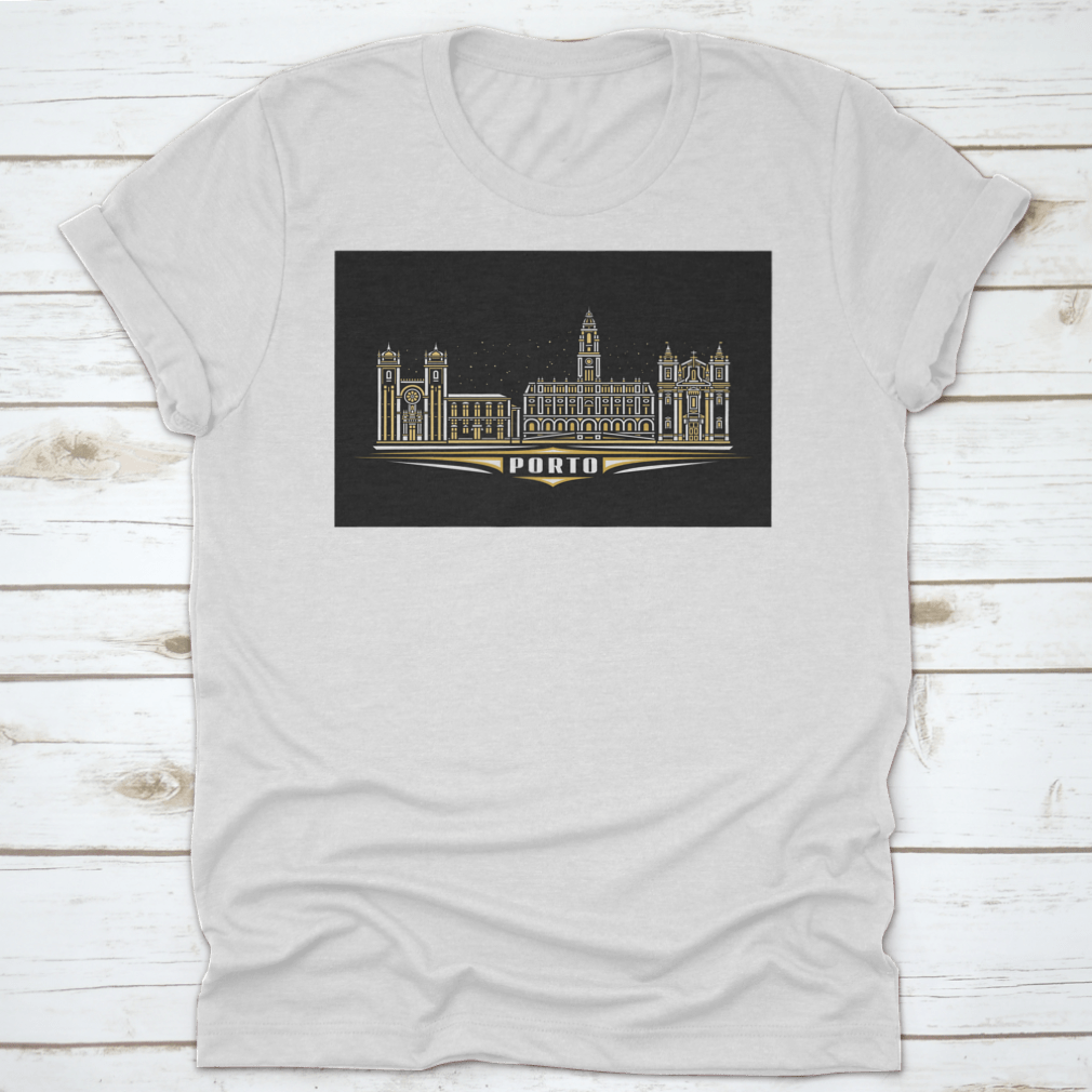 Dark T-shirt featuring a linear design of Porto cityscape, showcasing iconic buildings and skyline.