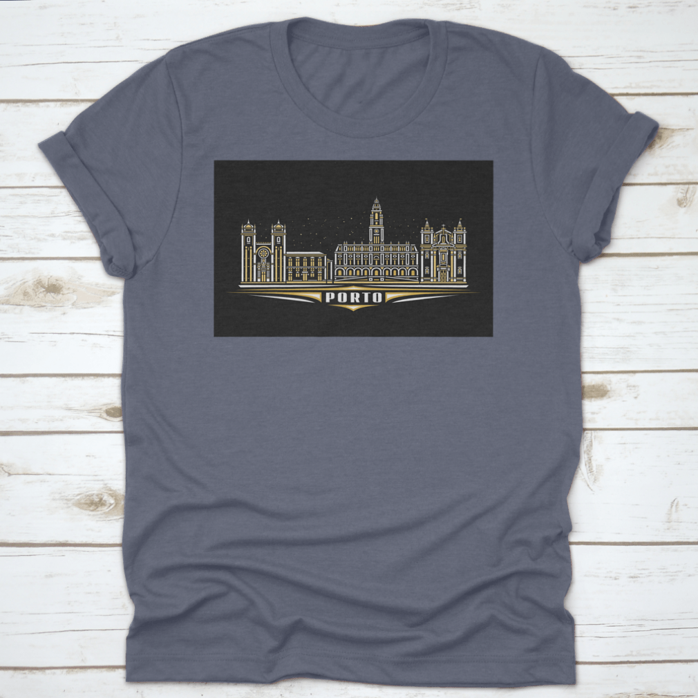 Dark T-shirt featuring a linear design of Porto cityscape, showcasing iconic buildings and skyline.