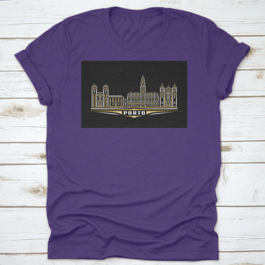 Dark T-shirt featuring a linear design of Porto cityscape, showcasing iconic buildings and skyline.