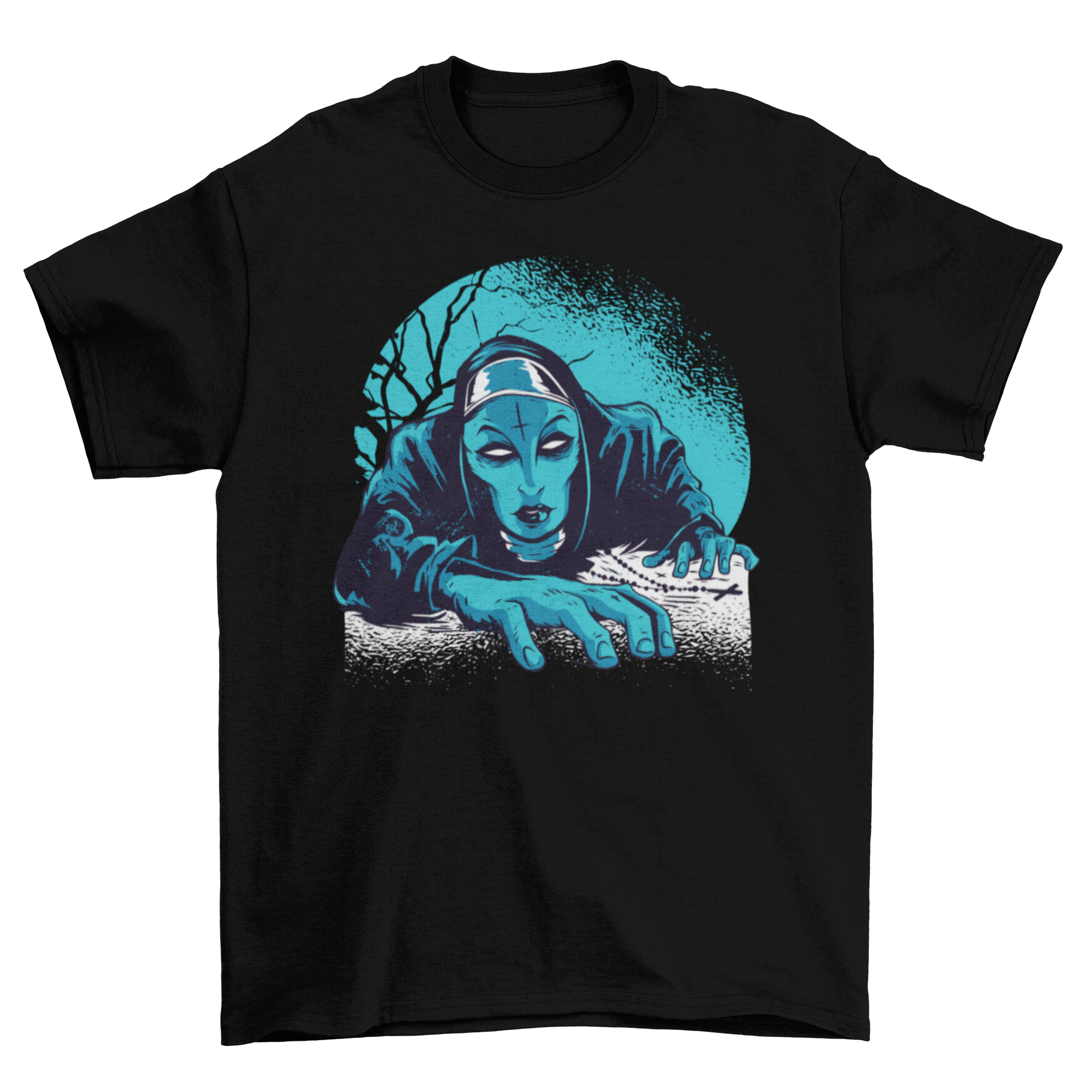 Dark Nun T-Shirt featuring a blue-skinned zombie nun with white eyes and an inverted cross on her forehead.