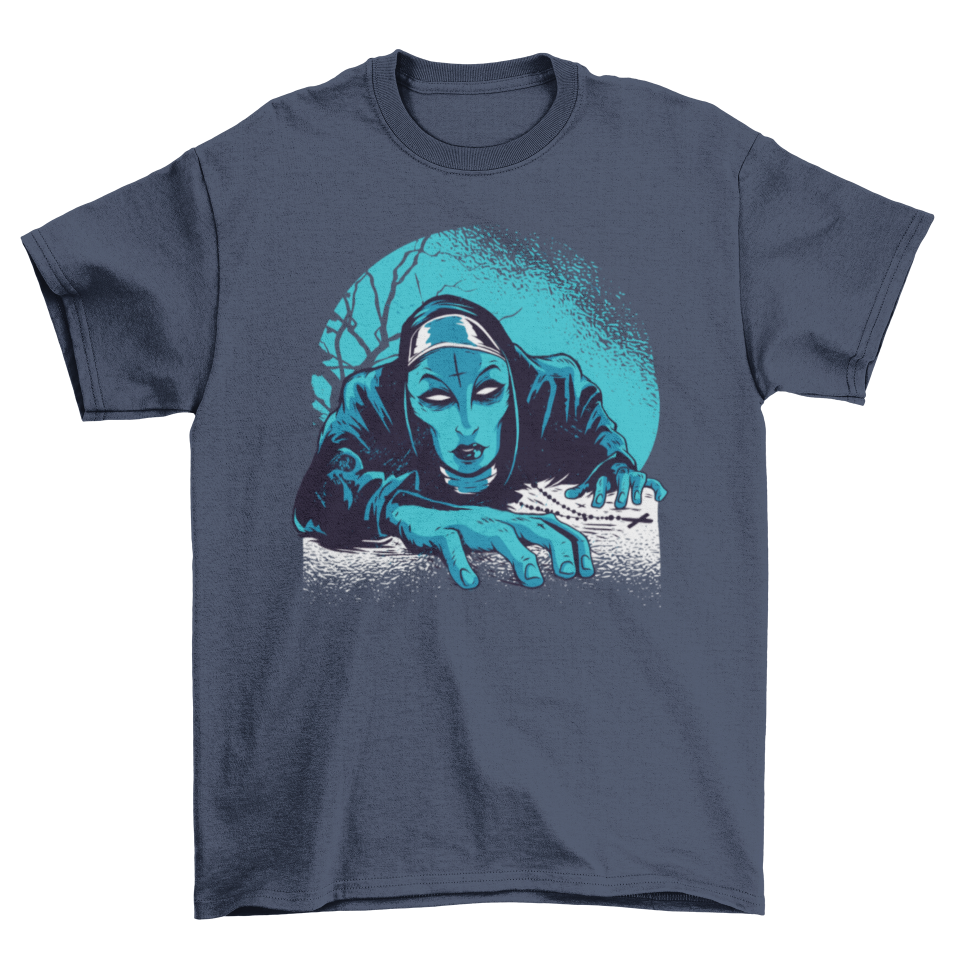 Dark Nun T-Shirt featuring a blue-skinned zombie nun with white eyes and an inverted cross on her forehead.