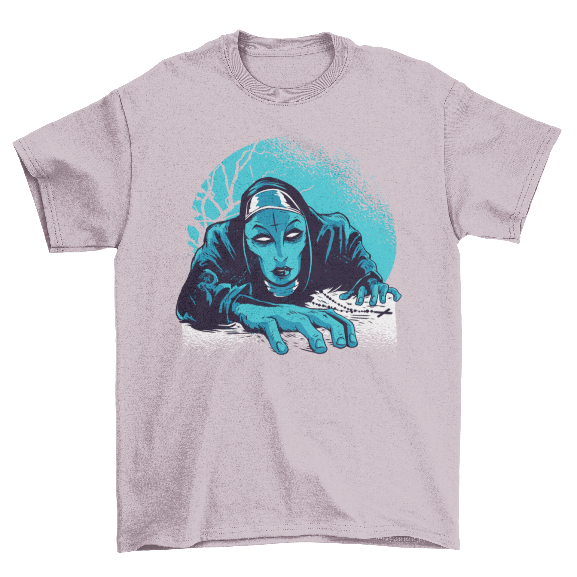 Dark Nun T-Shirt featuring a blue-skinned zombie nun with white eyes and an inverted cross on her forehead.