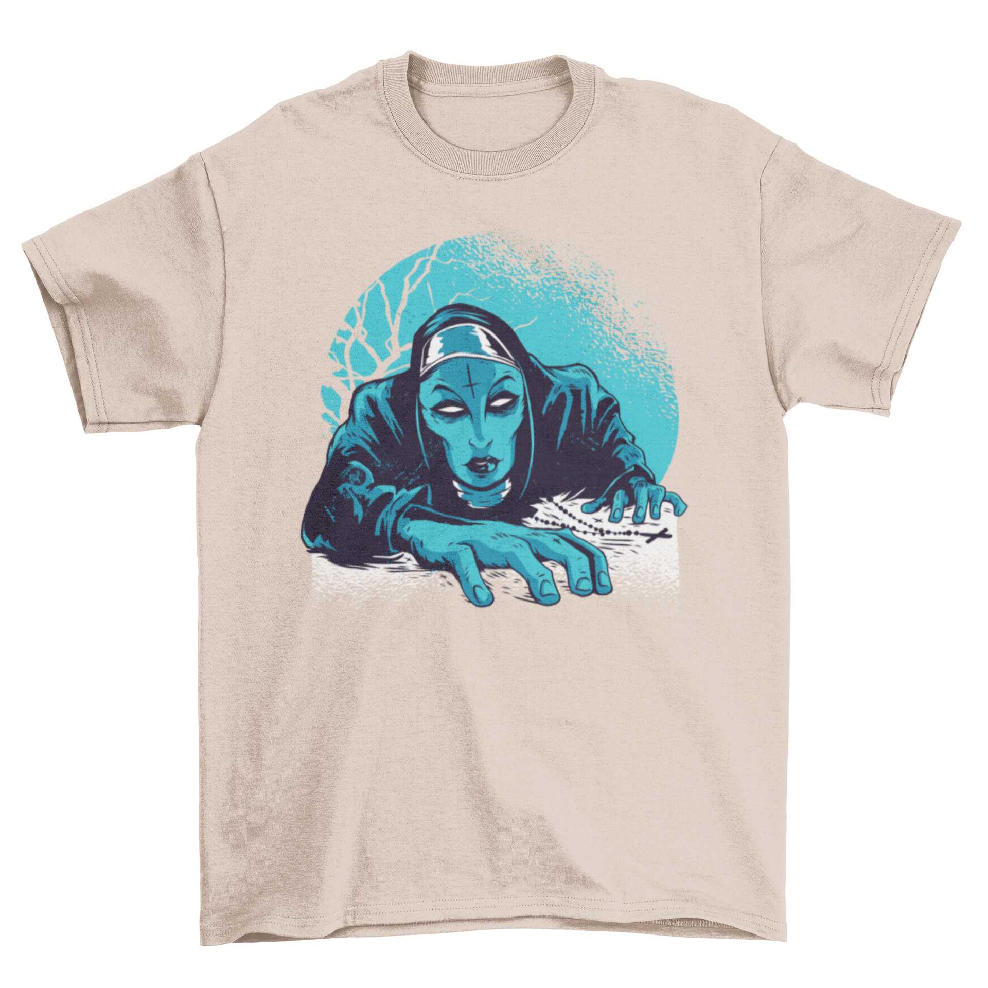 Dark Nun T-Shirt featuring a blue-skinned zombie nun with white eyes and an inverted cross on her forehead.