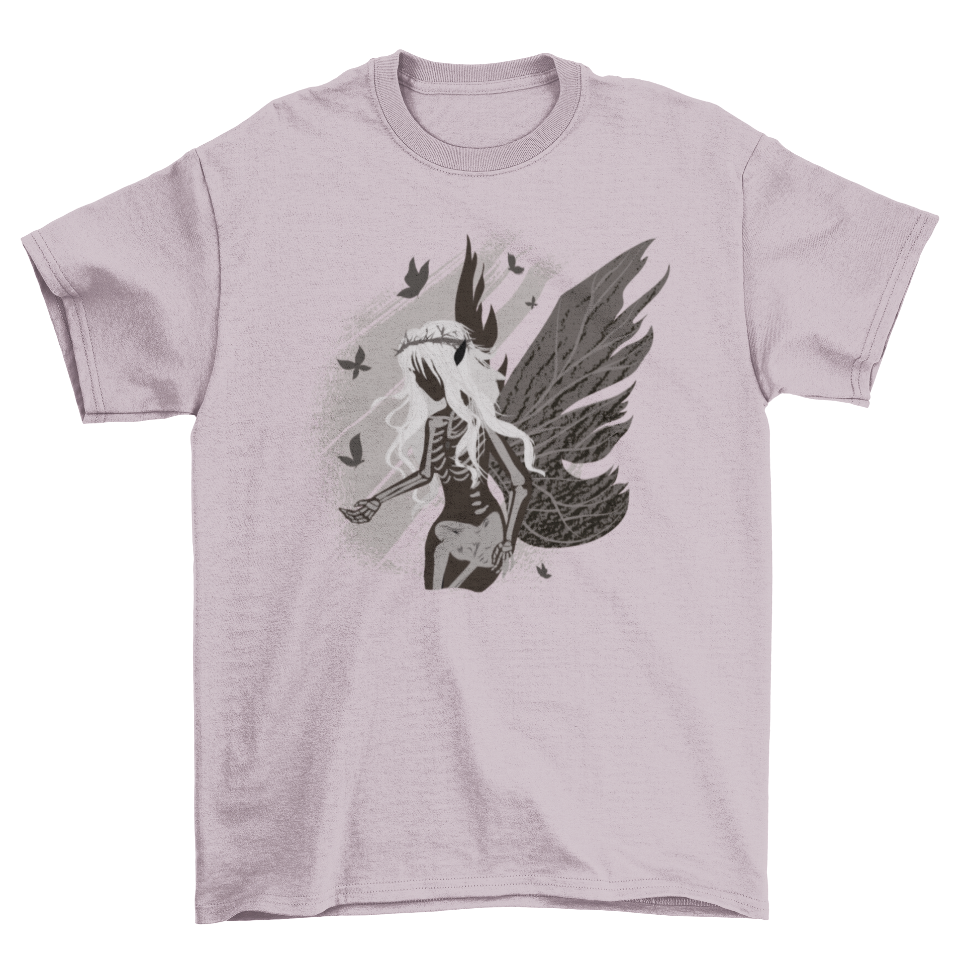 Dark skeleton fairy fantasy t-shirt featuring a fairy with a skeleton body and dark wings, showcasing intricate design details.