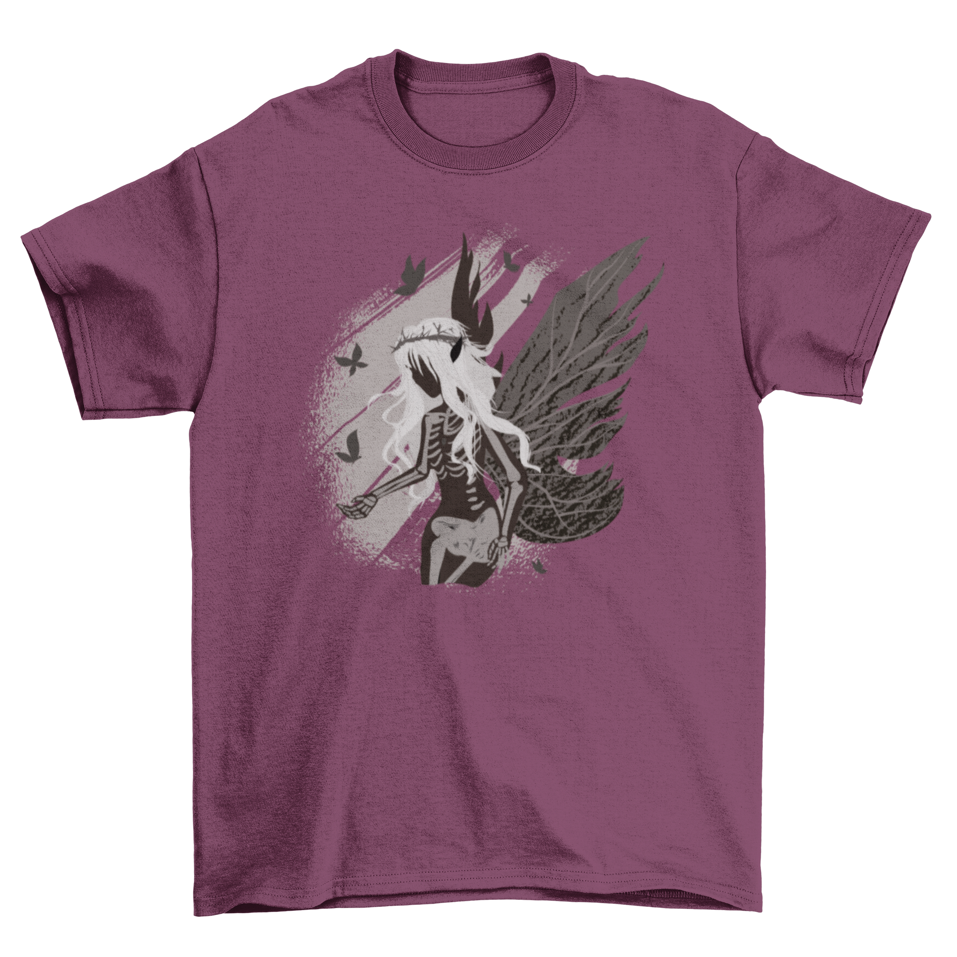 Dark skeleton fairy fantasy t-shirt featuring a fairy with a skeleton body and dark wings, showcasing intricate design details.