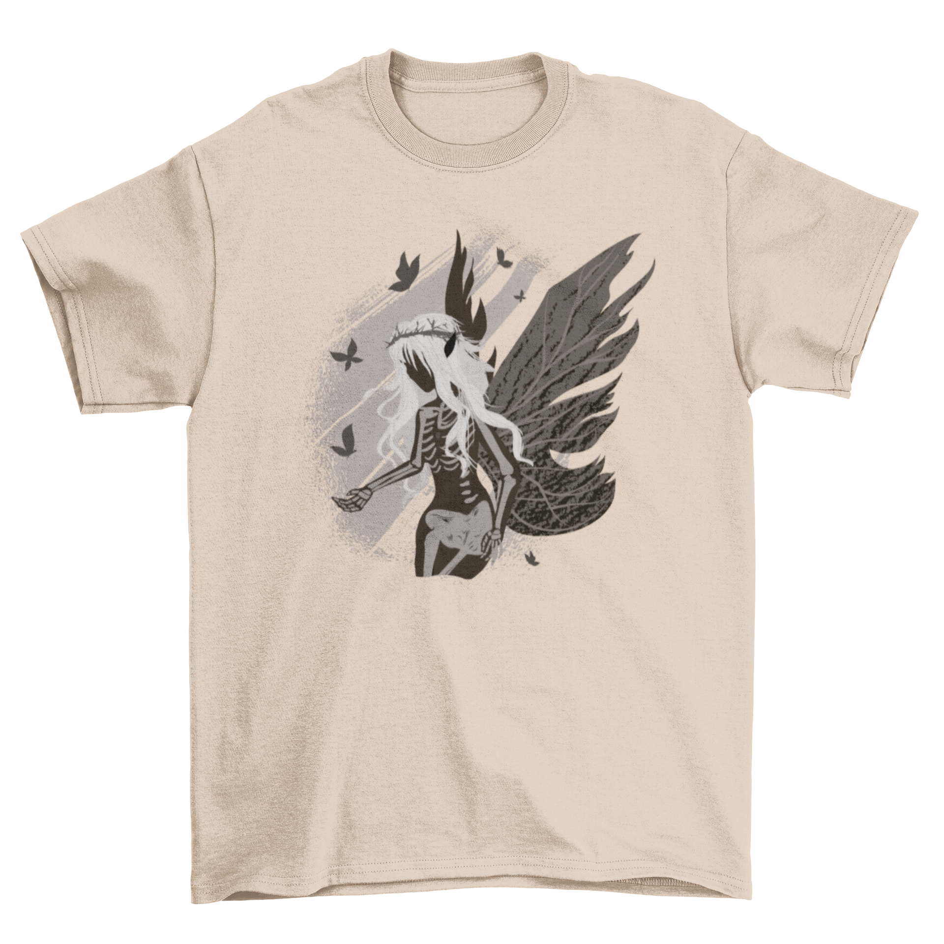 Dark skeleton fairy fantasy t-shirt featuring a fairy with a skeleton body and dark wings, showcasing intricate design details.