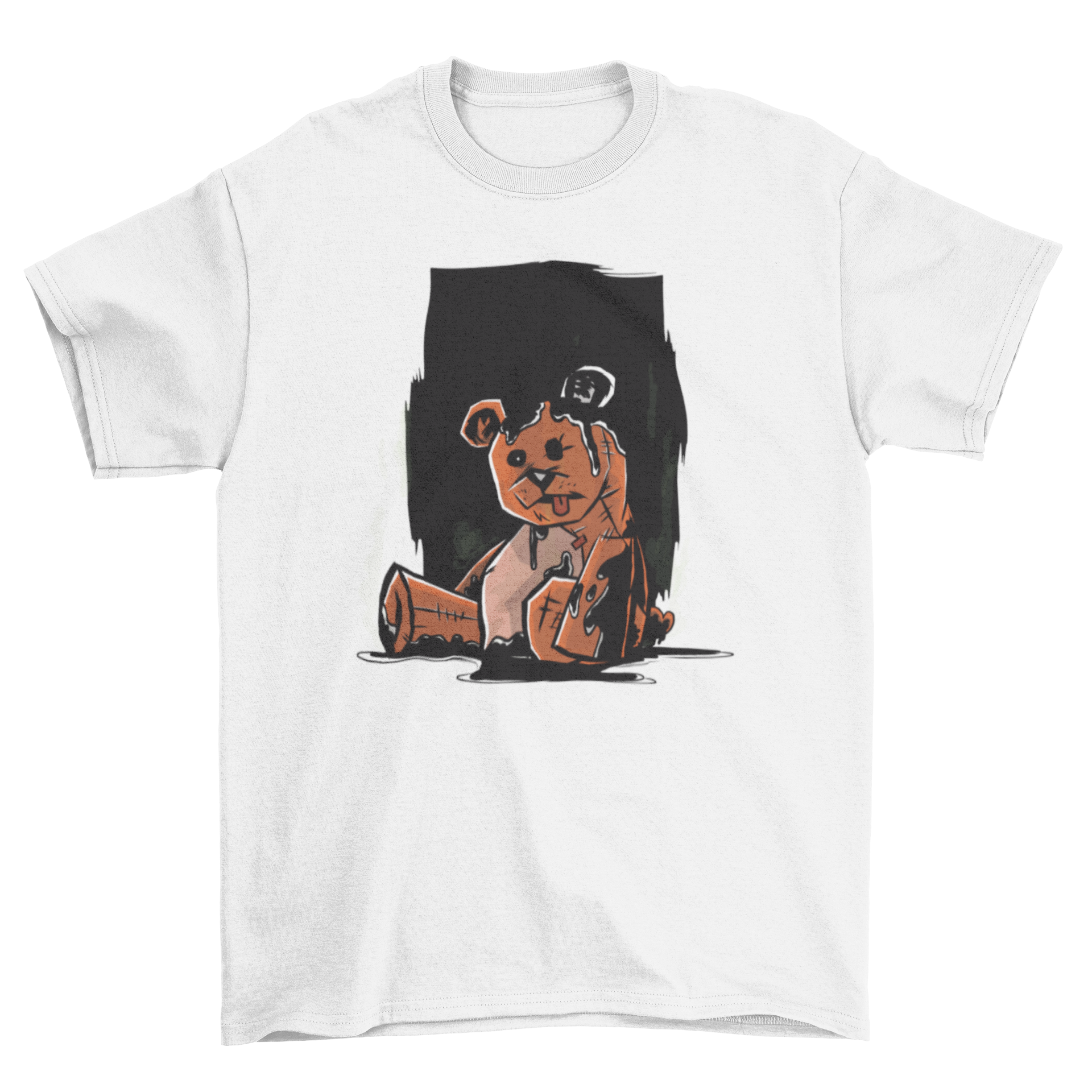 Dark teddy bear t-shirt featuring a patched teddy bear illustration with tongue out, covered in black liquid resembling paint.