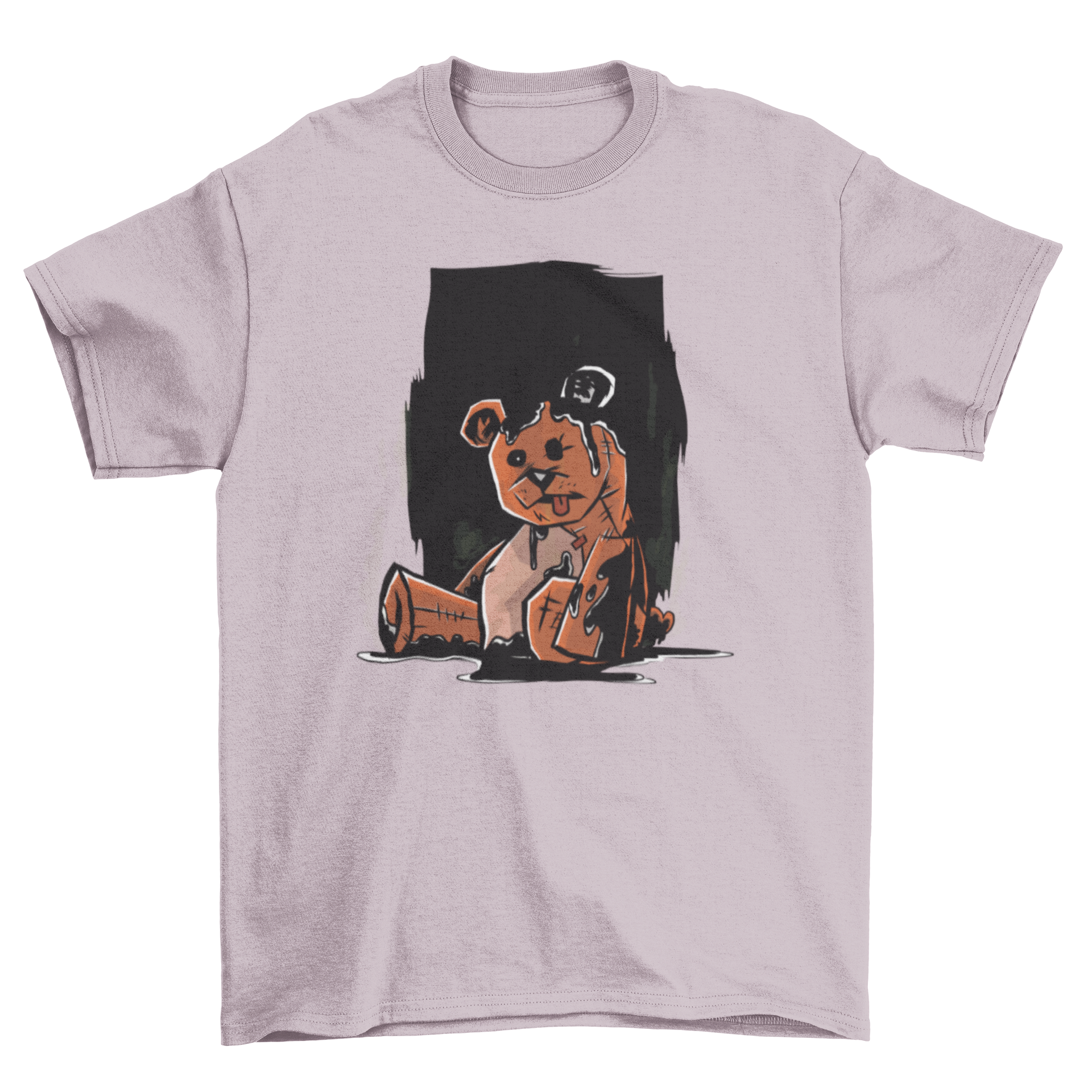 Dark teddy bear t-shirt featuring a patched teddy bear illustration with tongue out, covered in black liquid resembling paint.