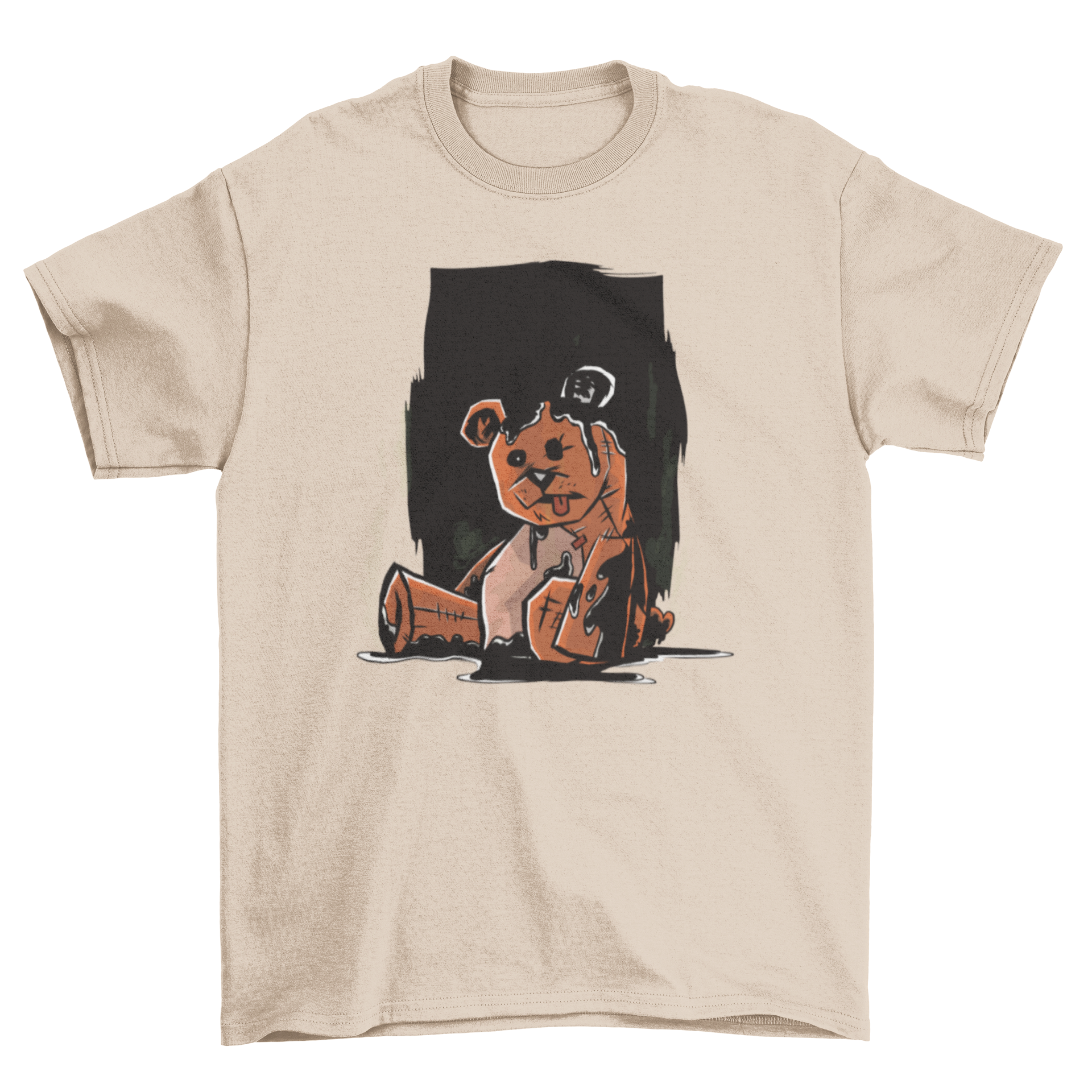 Dark teddy bear t-shirt featuring a patched teddy bear illustration with tongue out, covered in black liquid resembling paint.