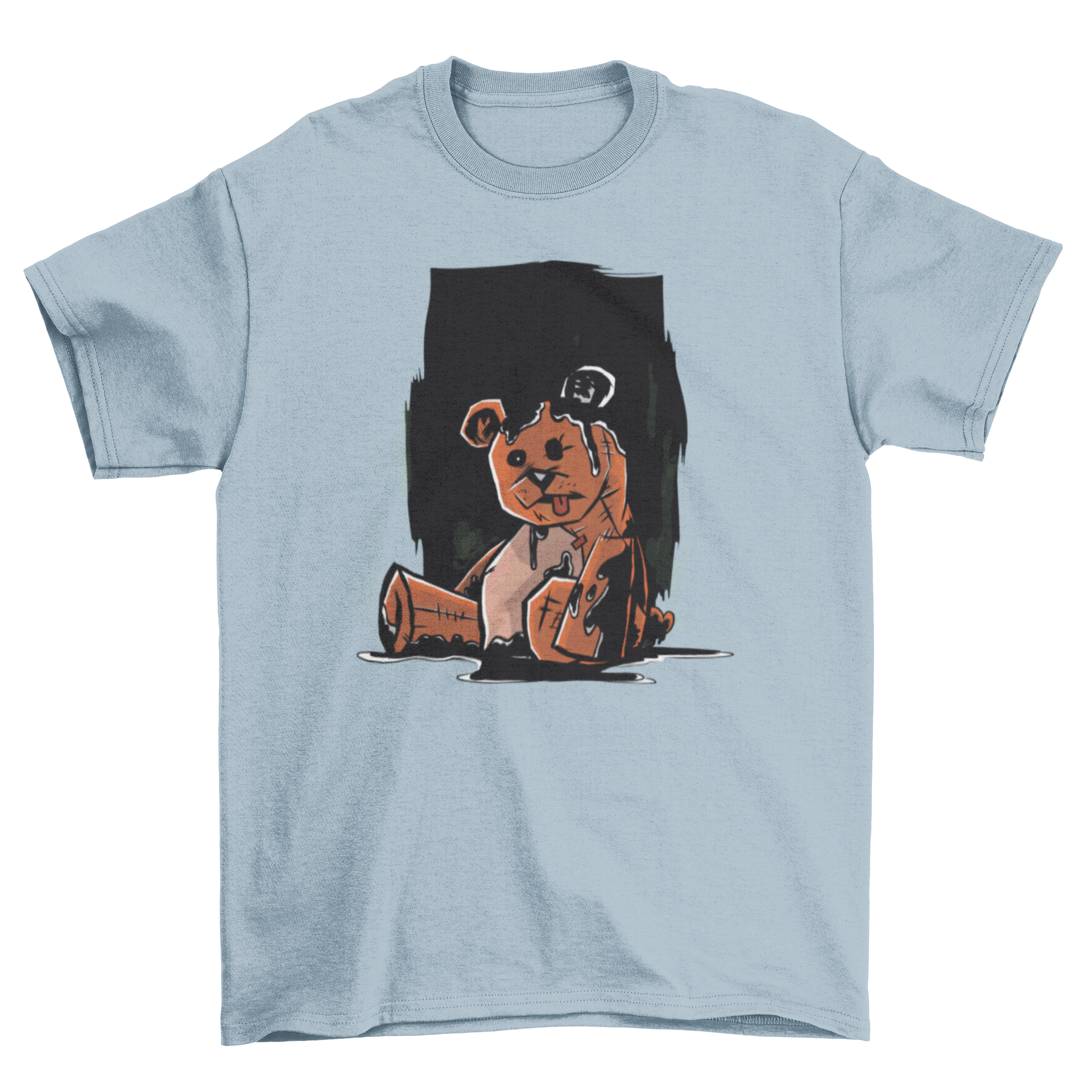 Dark teddy bear t-shirt featuring a patched teddy bear illustration with tongue out, covered in black liquid resembling paint.