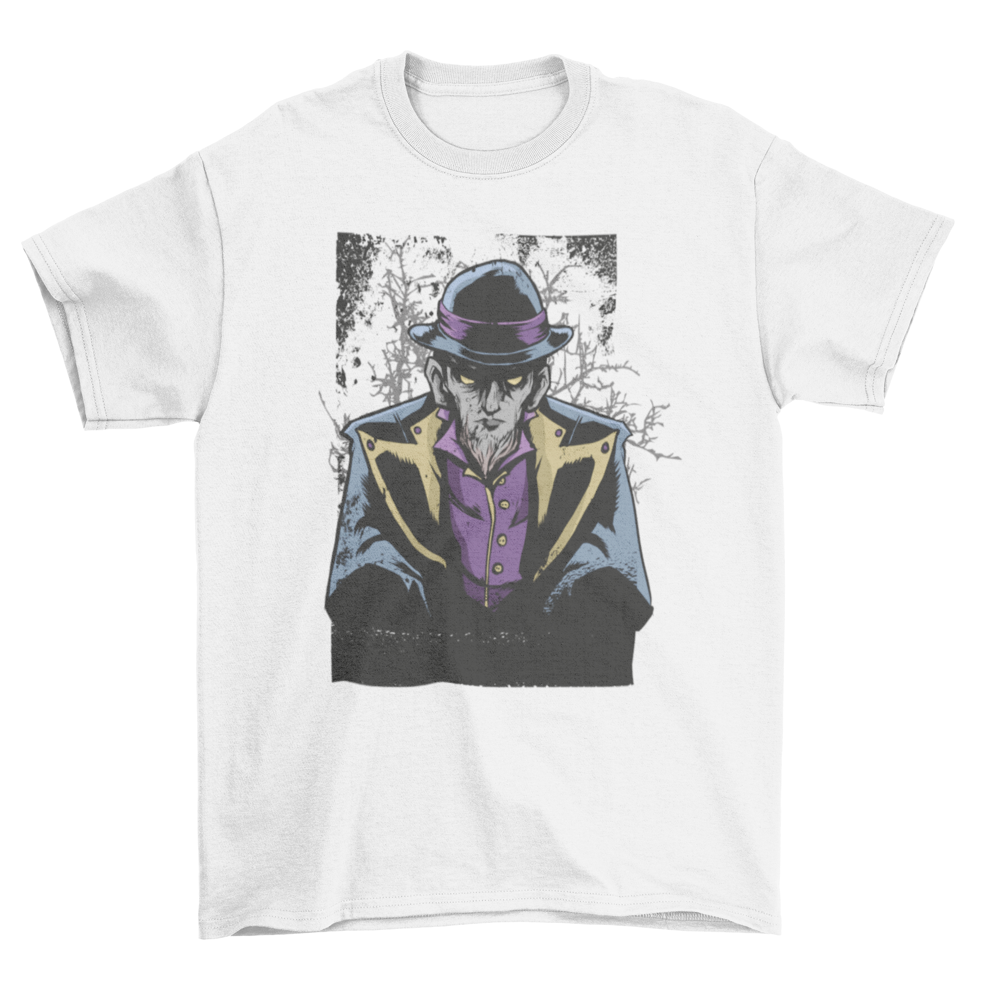 Dark Warlock T-shirt featuring an illustration of an evil man with a hat, showcasing a gothic and fantasy theme.