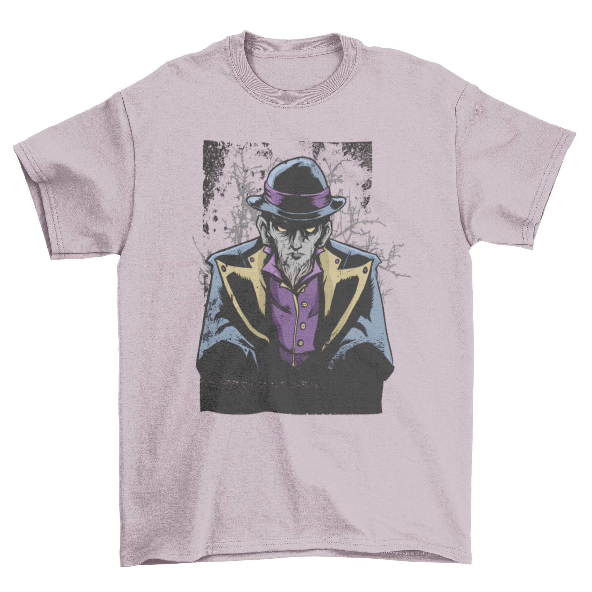 Dark Warlock T-shirt featuring an illustration of an evil man with a hat, showcasing a gothic and fantasy theme.