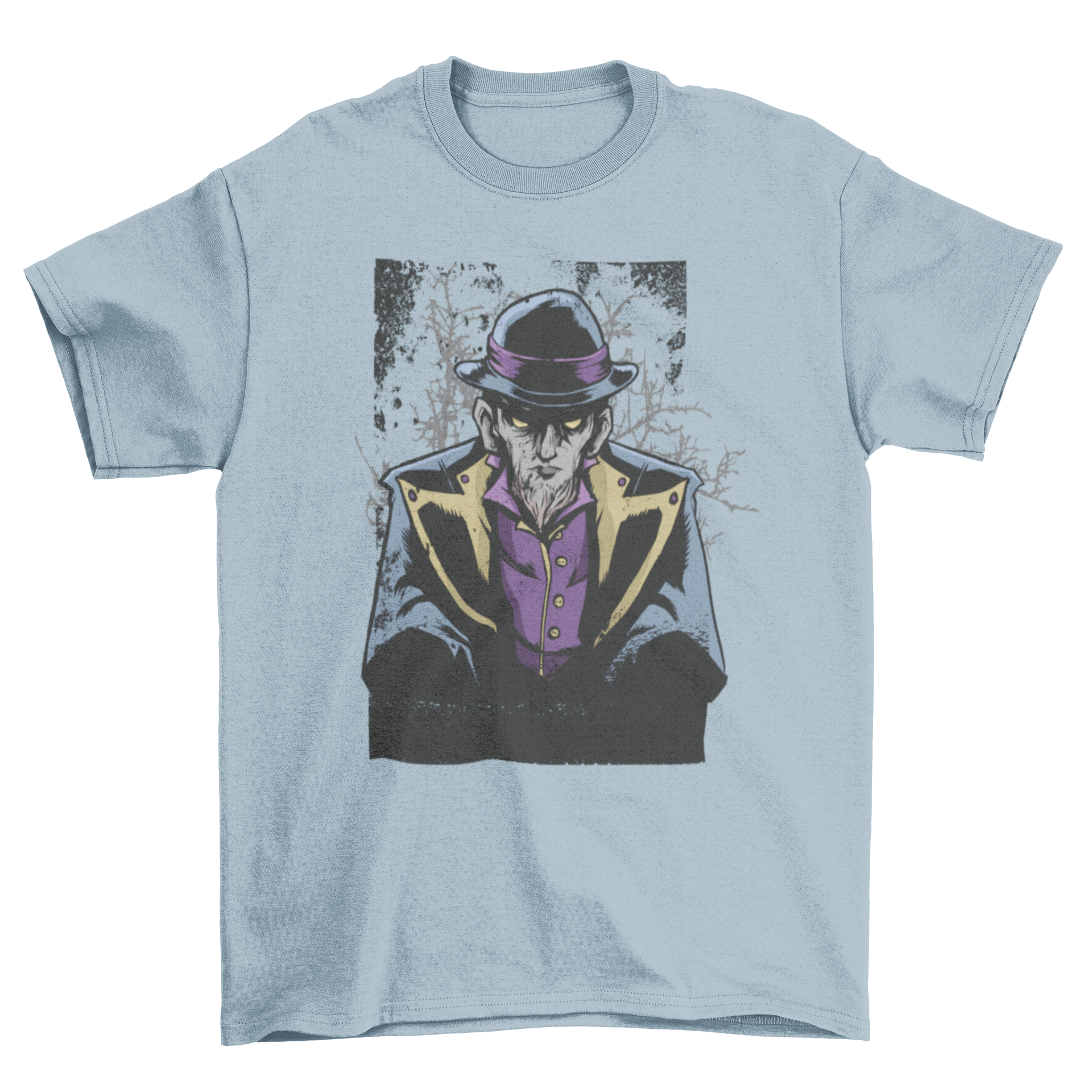 Dark Warlock T-shirt featuring an illustration of an evil man with a hat, showcasing a gothic and fantasy theme.