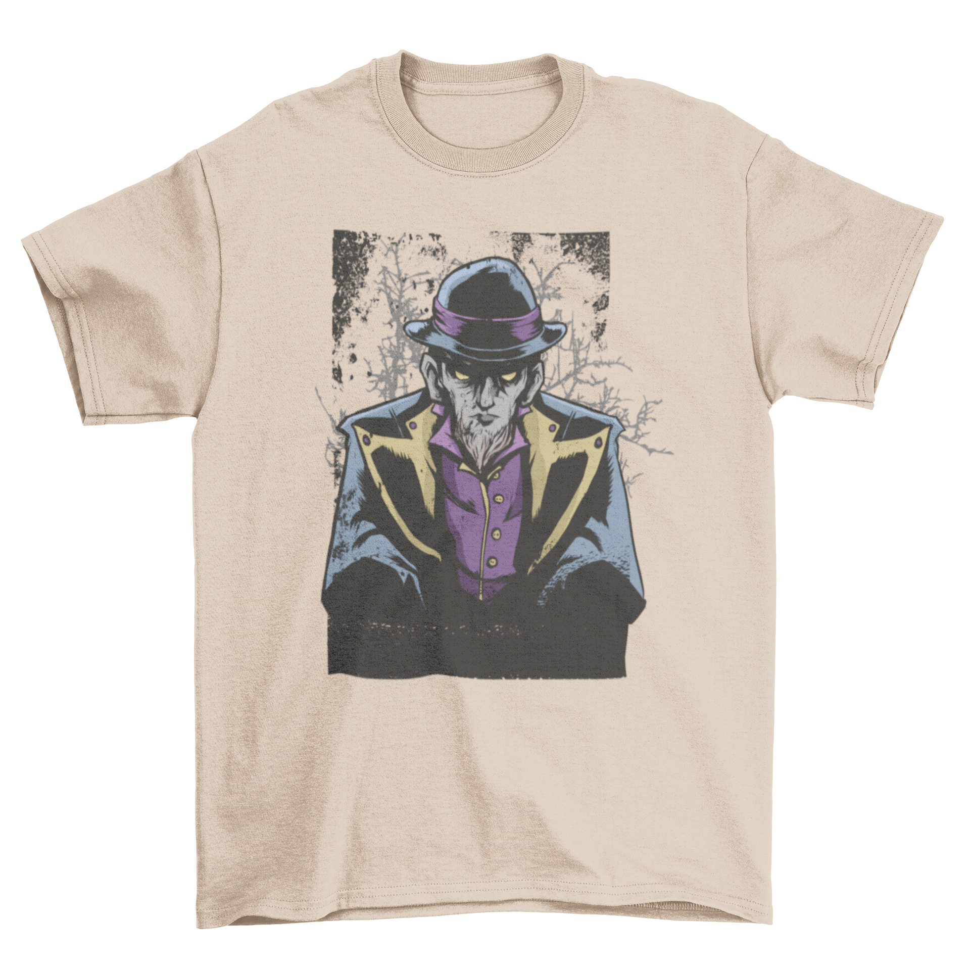 Dark Warlock T-shirt featuring an illustration of an evil man with a hat, showcasing a gothic and fantasy theme.