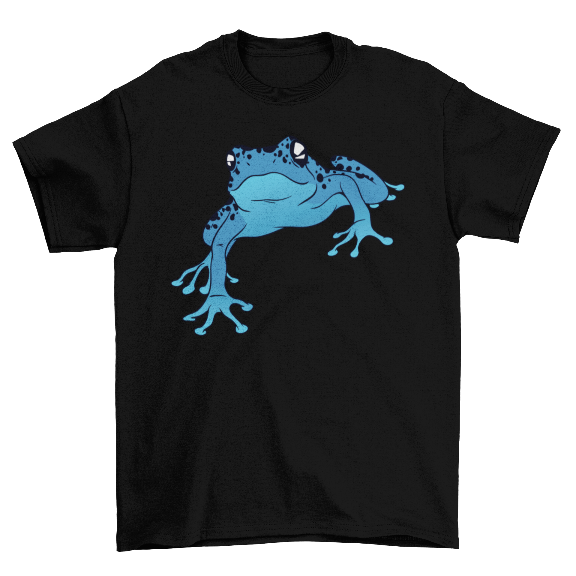 A vibrant blue poison dart frog illustration on a stylish t-shirt, showcasing its unique design.