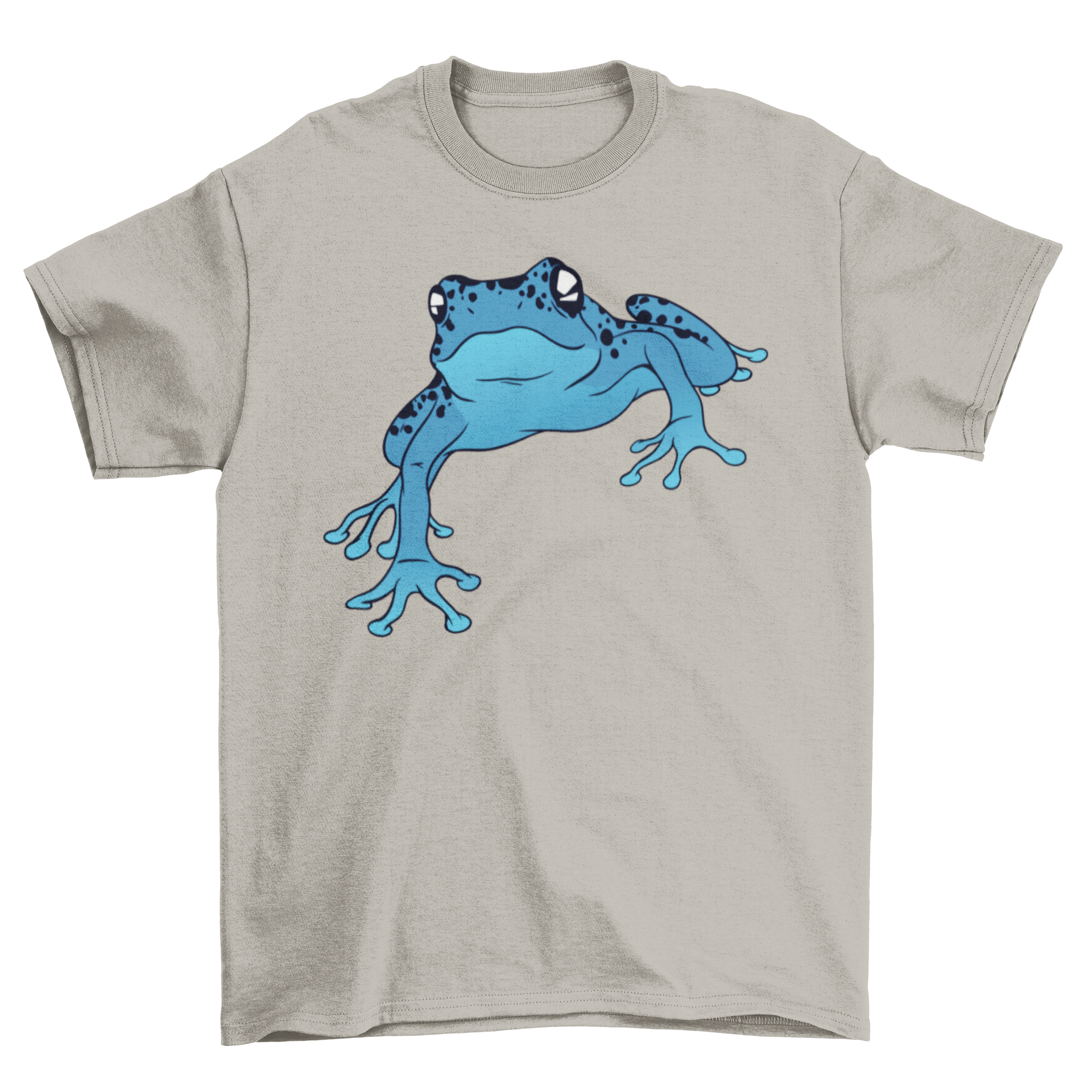 A vibrant blue poison dart frog illustration on a stylish t-shirt, showcasing its unique design.