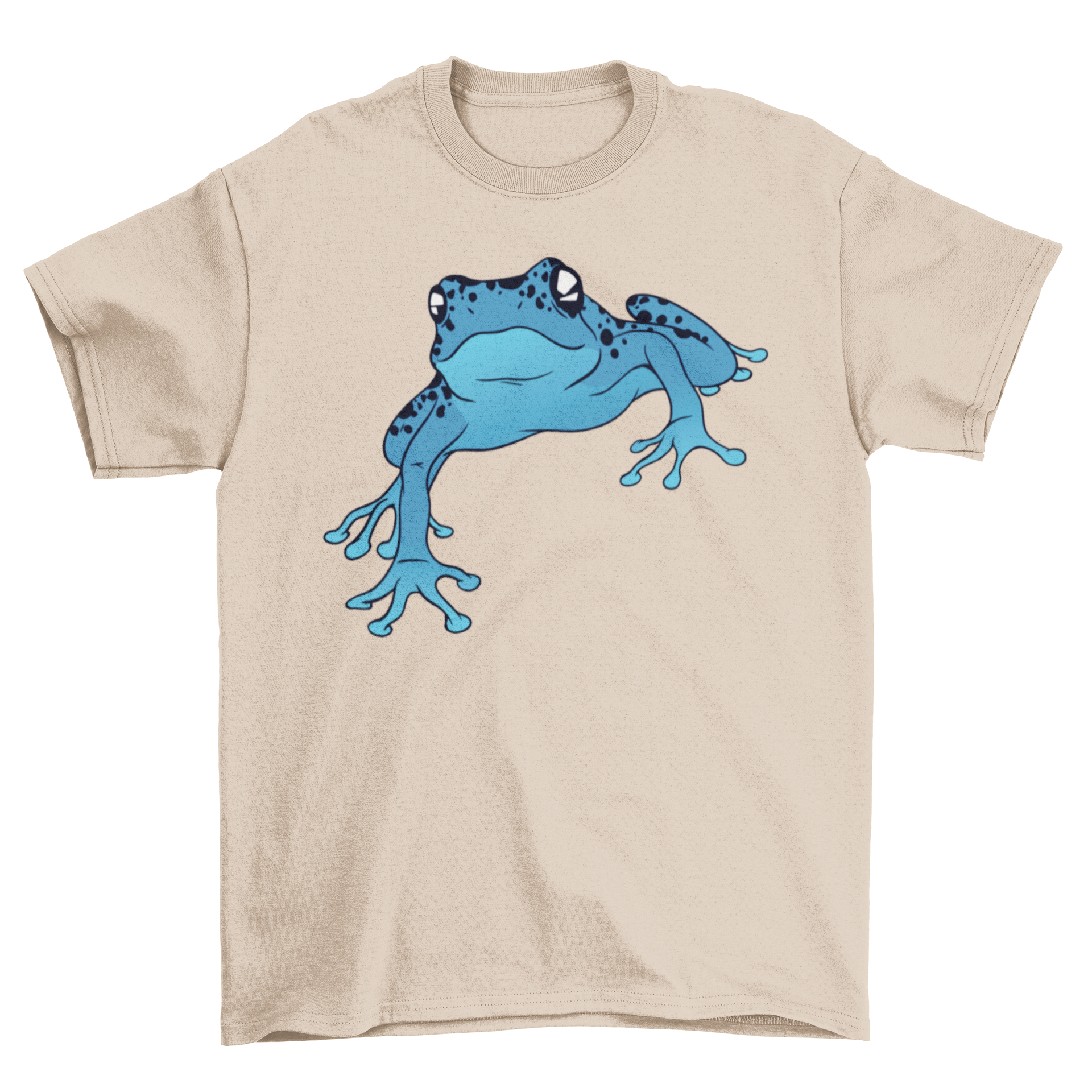 A vibrant blue poison dart frog illustration on a stylish t-shirt, showcasing its unique design.