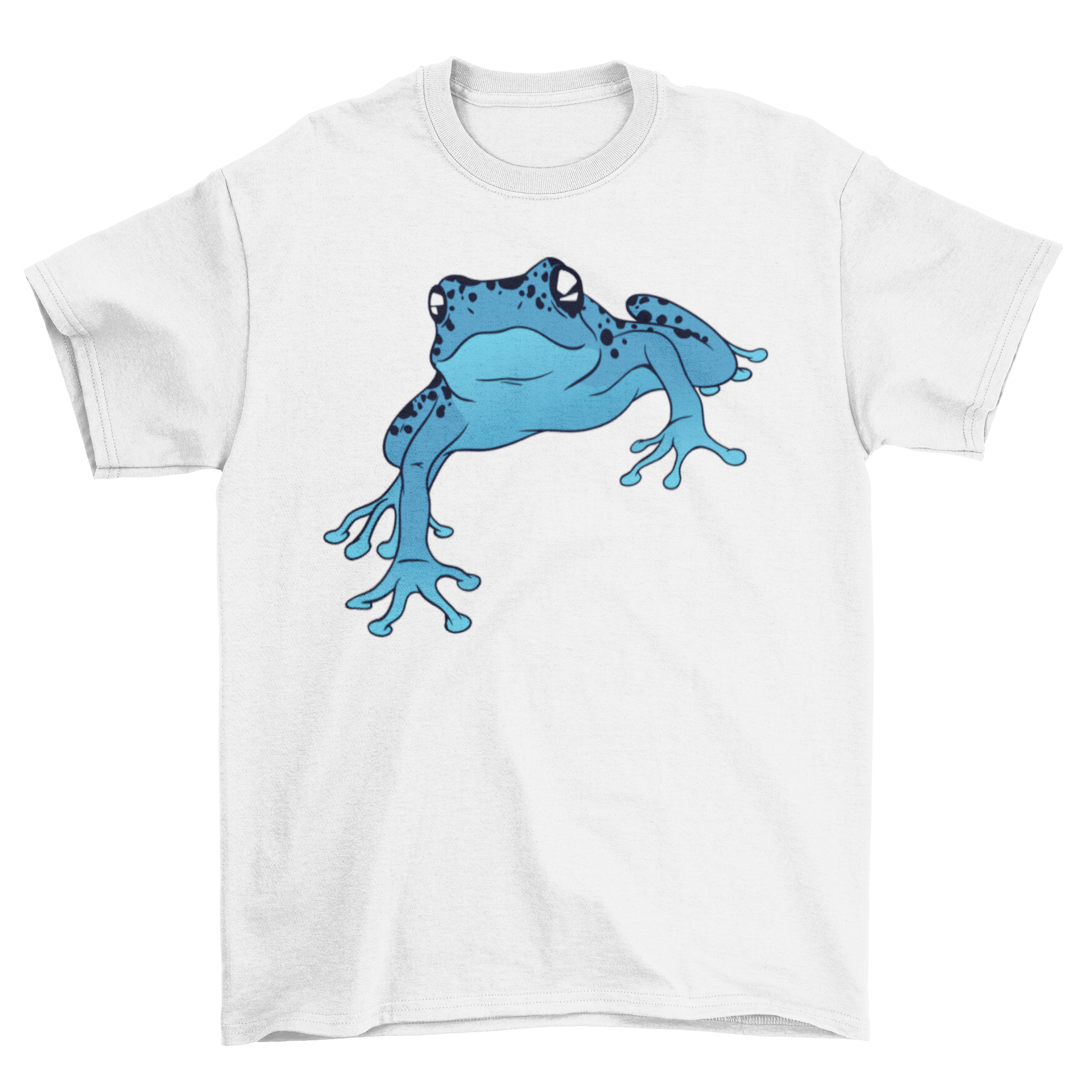 A vibrant blue poison dart frog illustration on a stylish t-shirt, showcasing its unique design.