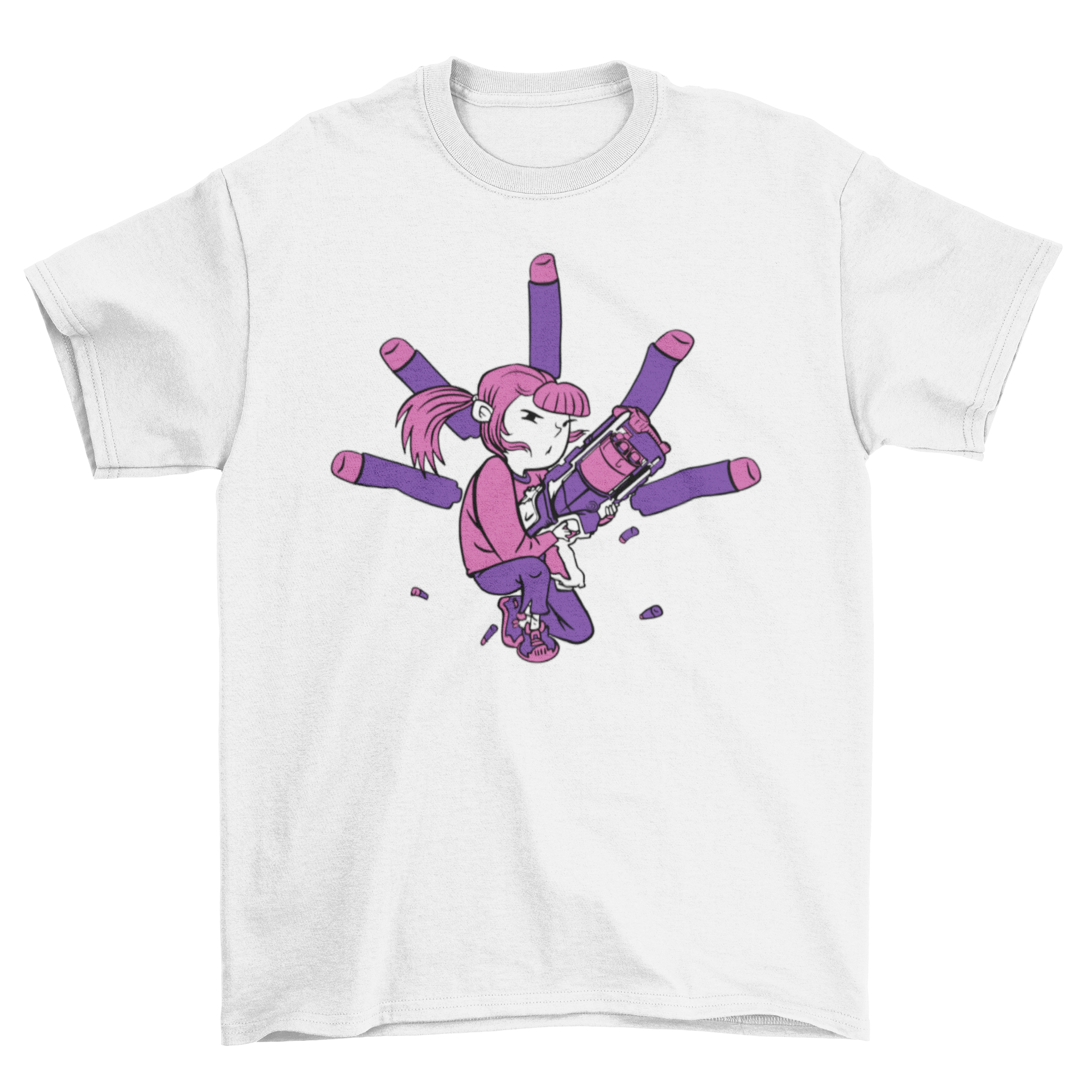 A vibrant t-shirt featuring a girl shooting foam bullets from a dart gun in neon colors.